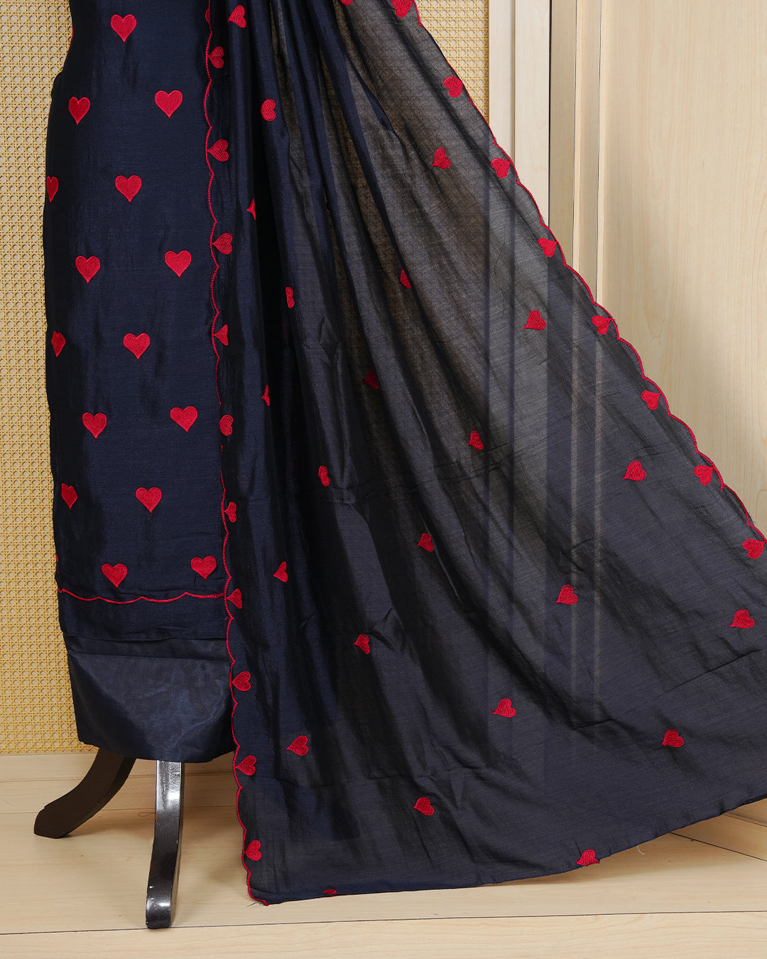 Dark Blue Colour Georgette Salwar Material Featuring Red Heart Shape Thread Work on body, Paired With Matching Bottom & Elegant Dupatta