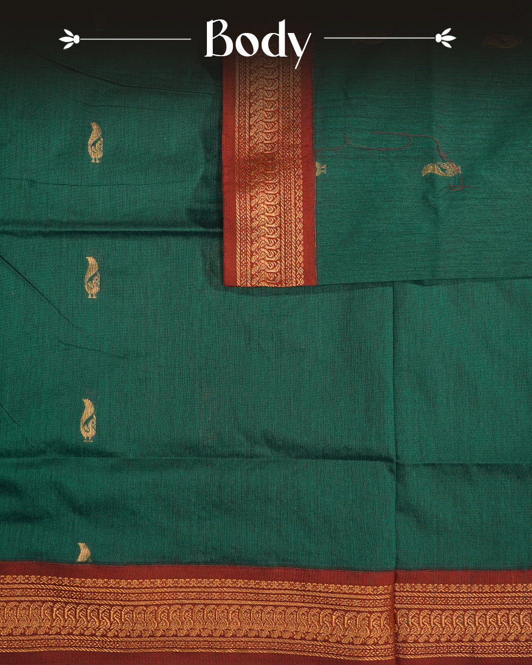 Peacock Green Colour Kalyani cotton saree featuring elegant antique zari peacock butta motifs on the body, complemented by a Maroon contrast pallu with a rich antique zari border, paired with a matching blouse piece