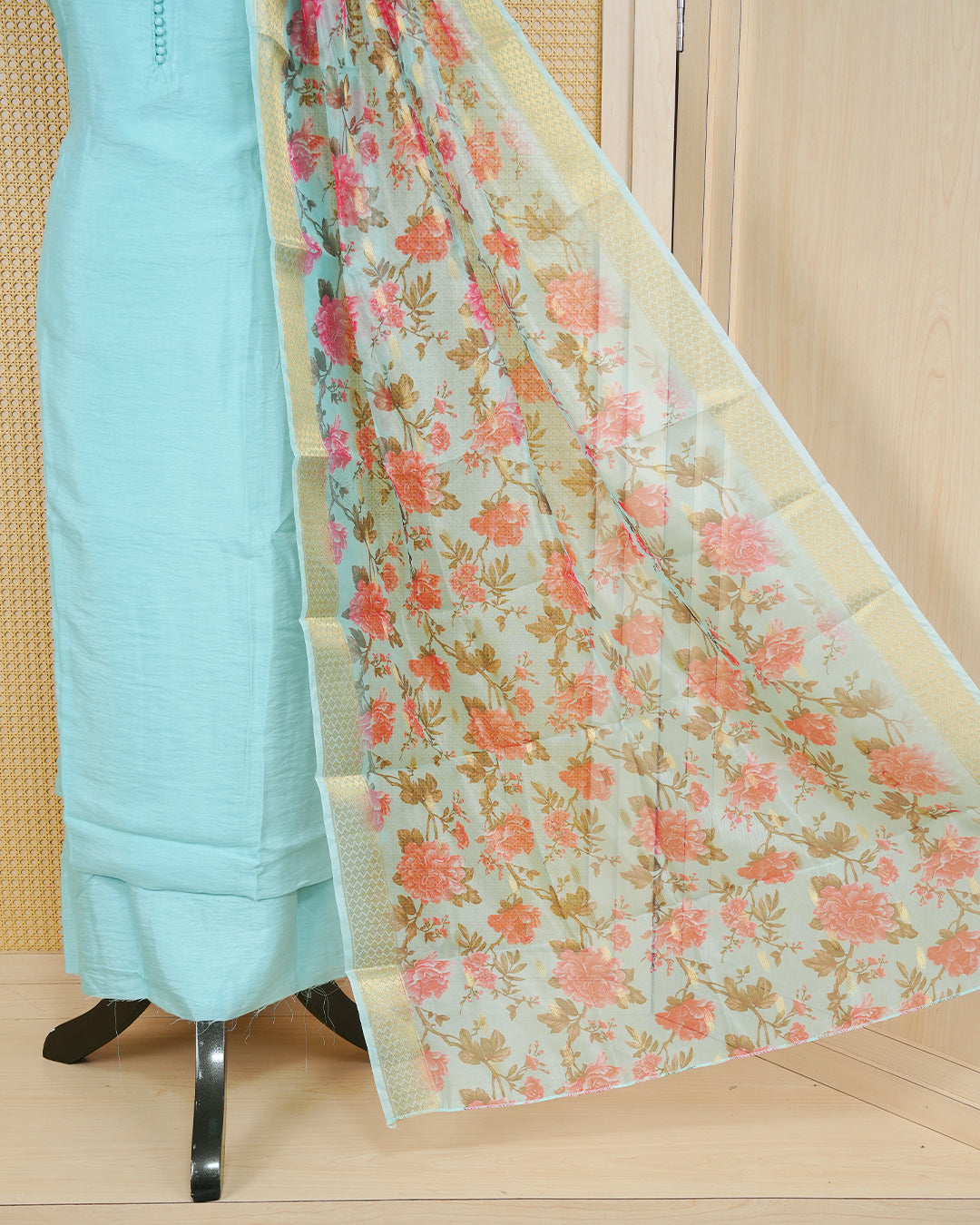 Sky blue Colour Organza Salwar Material Featuring Plain Body, Paired With Matching Bottom & Elegant Dupatta.