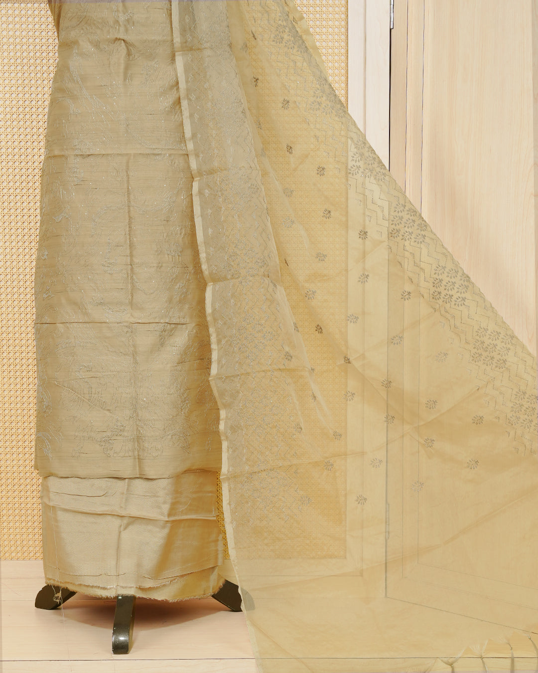 Beige colour silk cotton Salwar material featuring Thread design Body without border, paired with matching bottom and beautiful dupatta.