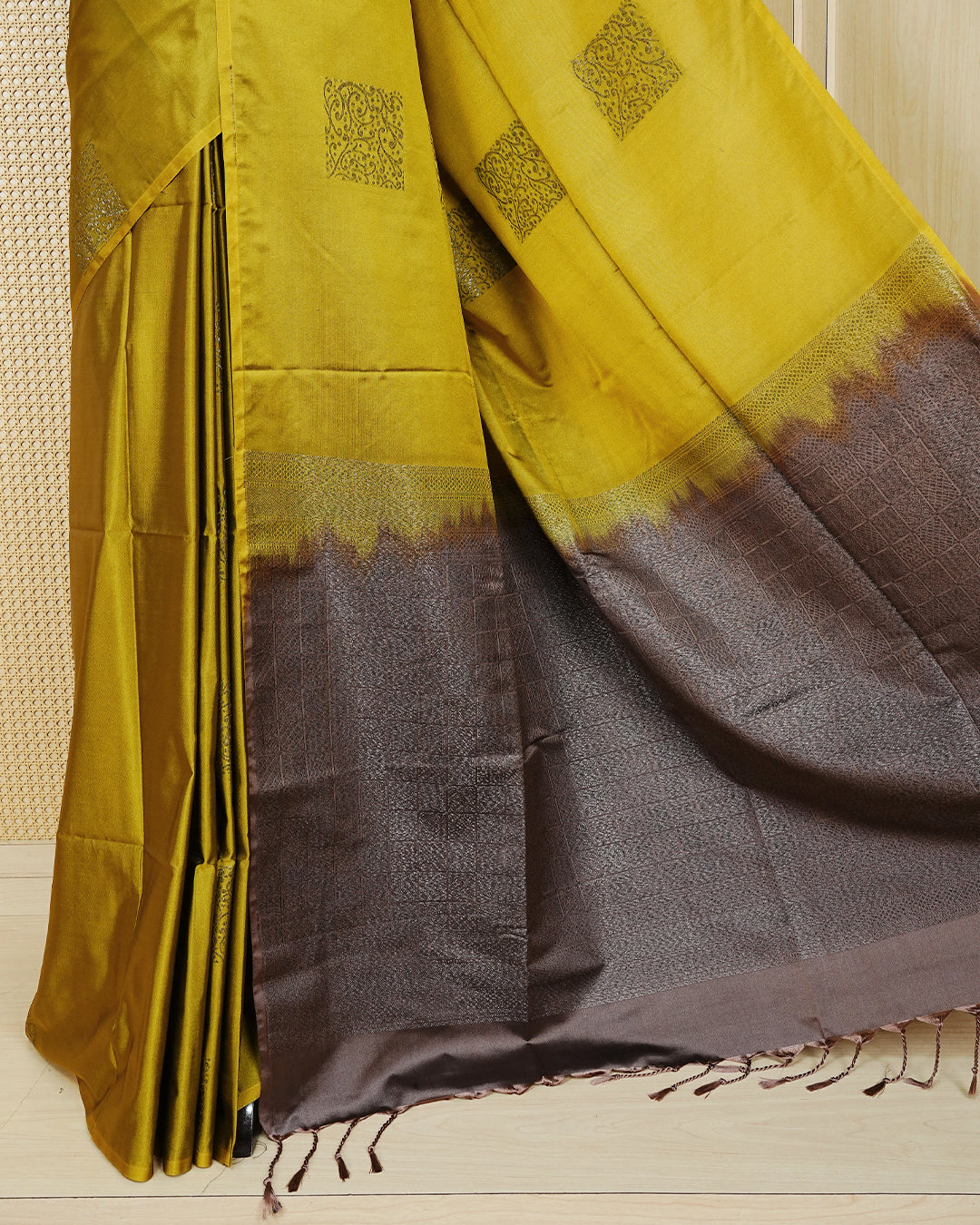 Olive yellow colour soft silk saree