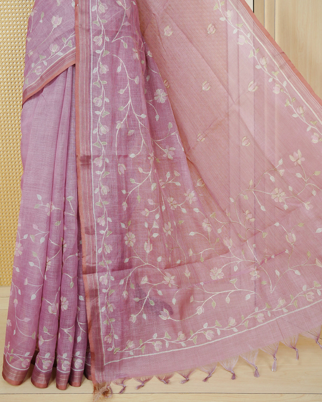 Onion Pink colour linen tissue BKU inspired saree.