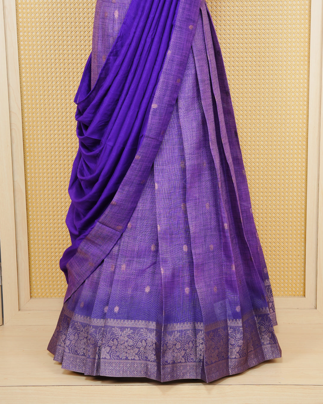 Orchid purple & royal violet colour Linen Silk Semi stitched dhavani set featuring buttas, zari bordered skirt & blouse piece and dupatta.