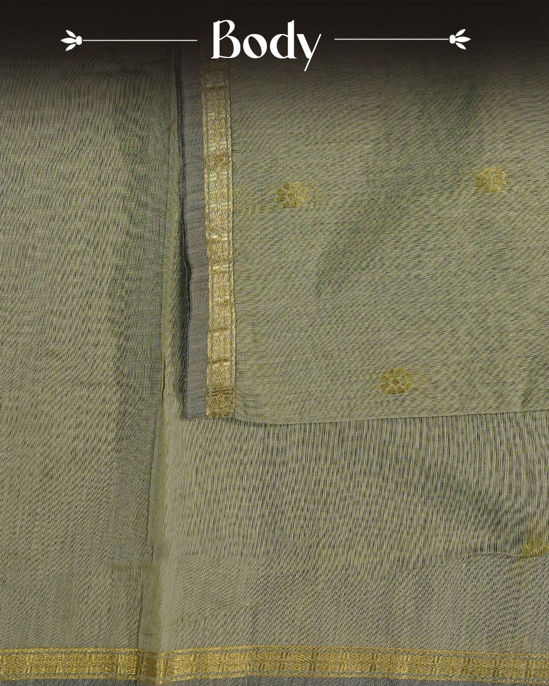 Pista Colour Kalyani Cotton Saree Featuring Gold Zari Floral Patterns on the Body, Complemented by a Black Colour Border with Stripes & Floral Gold Zari, Paired with a Matching Blouse Piece.