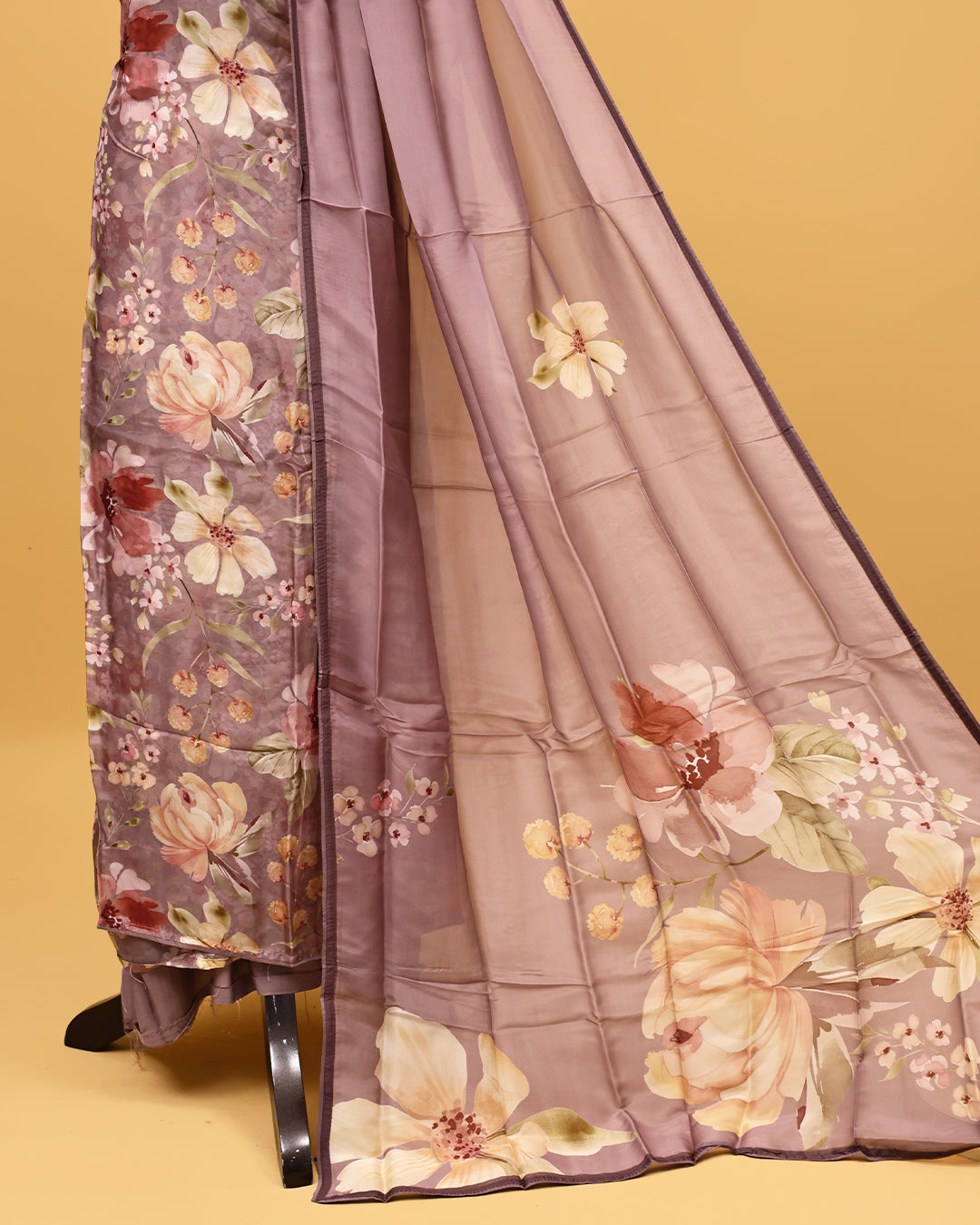 Purple grey colour Organza Salwar material with Floral print work on body, matching bottom & Dupatta.