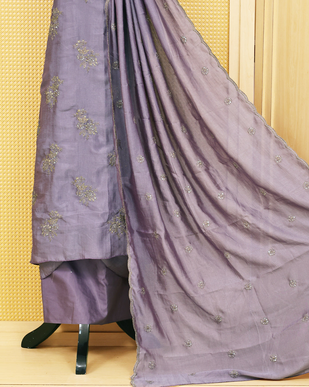 Lavender colour Vijitra silk Salwar Material featuring elegant floral embroidery on the kurta, paired with a matching bottom and a self coloured embroidered dupatta.