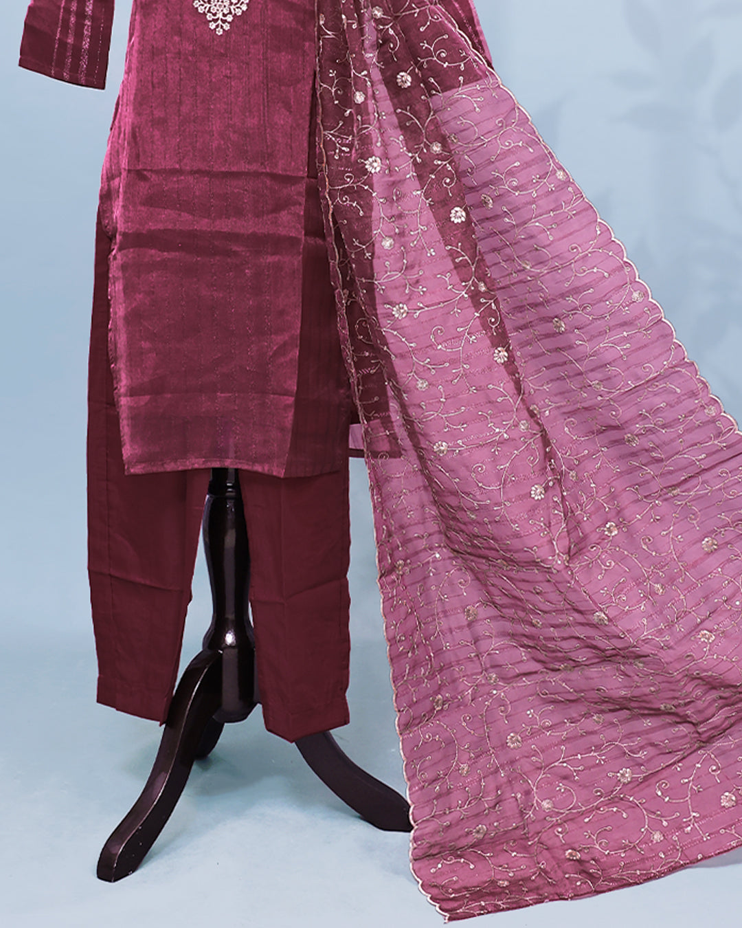 Maroon colour salwar set with Sequins & thread work on top, paired with matching bottom & Dupatta.