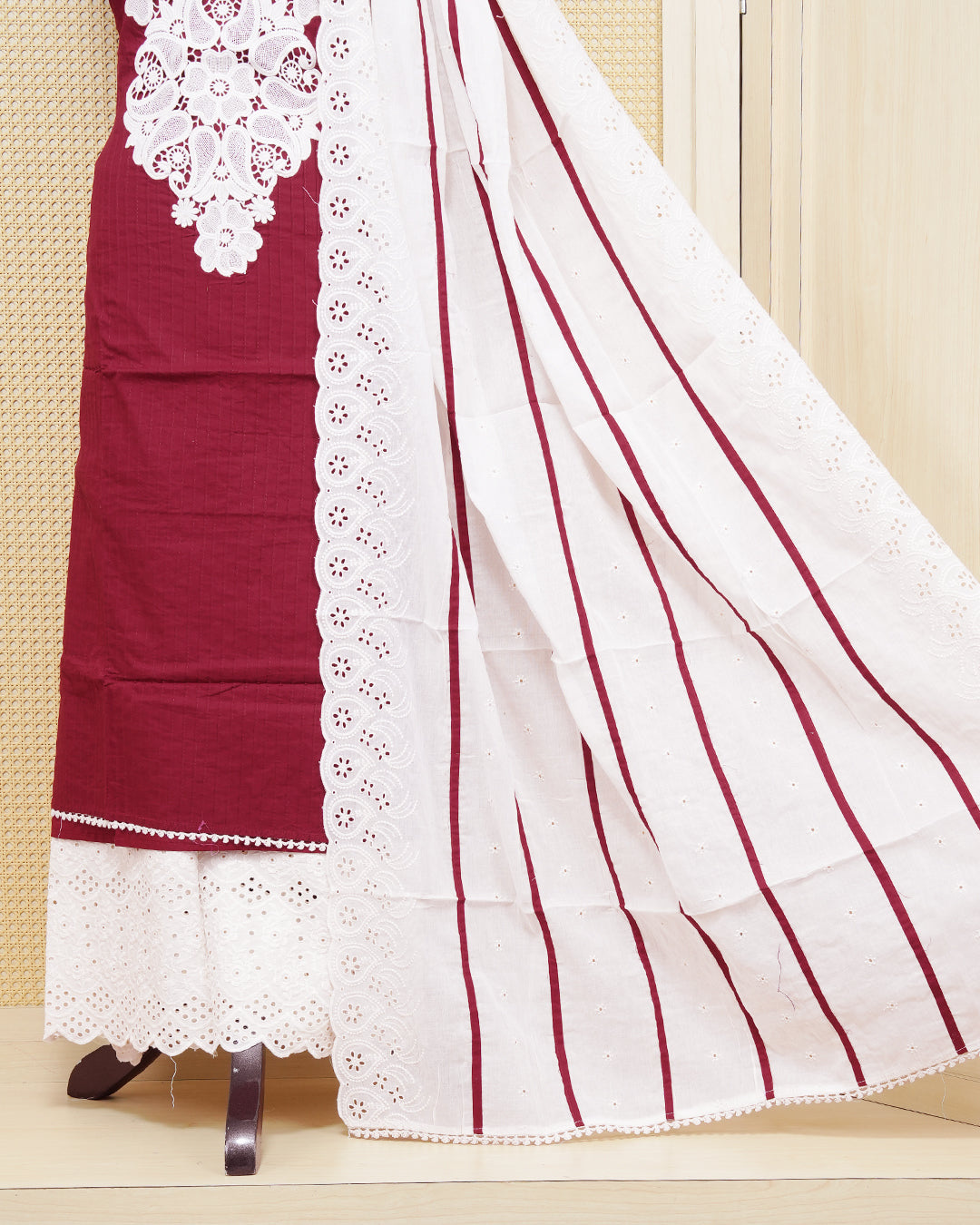Red Colour Salwar Material Featuring White Thread Work on body, Paired With Matching Bottom & Elegant Dupatta