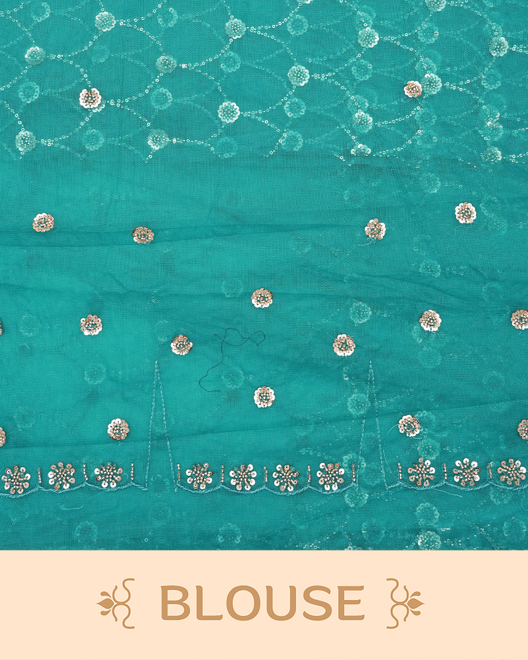 Teal colour Net Designer saree featuring Beats & Sequins geometric Pattern on body & worked border, comes with matching blouse piece.