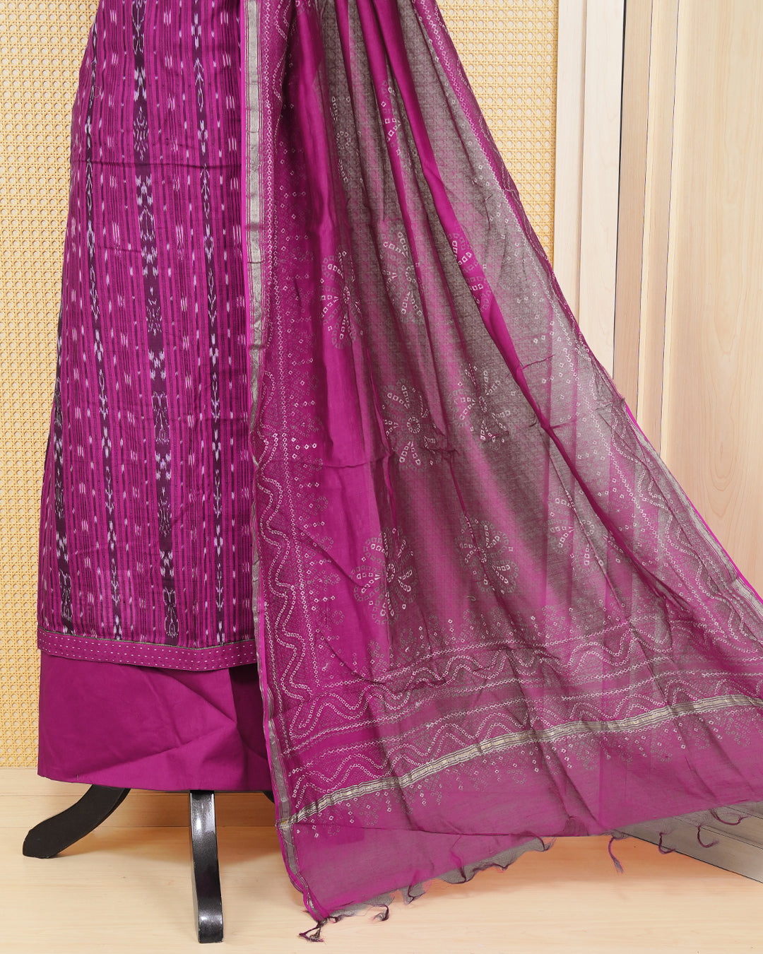 Magenta Pink Cotton ikat Salwar material Featuring Traditional Vertical Geomatric Weave Patterns and Fine Running Stitch Border Detailing, paired with a matching bottom & elegant Duptta