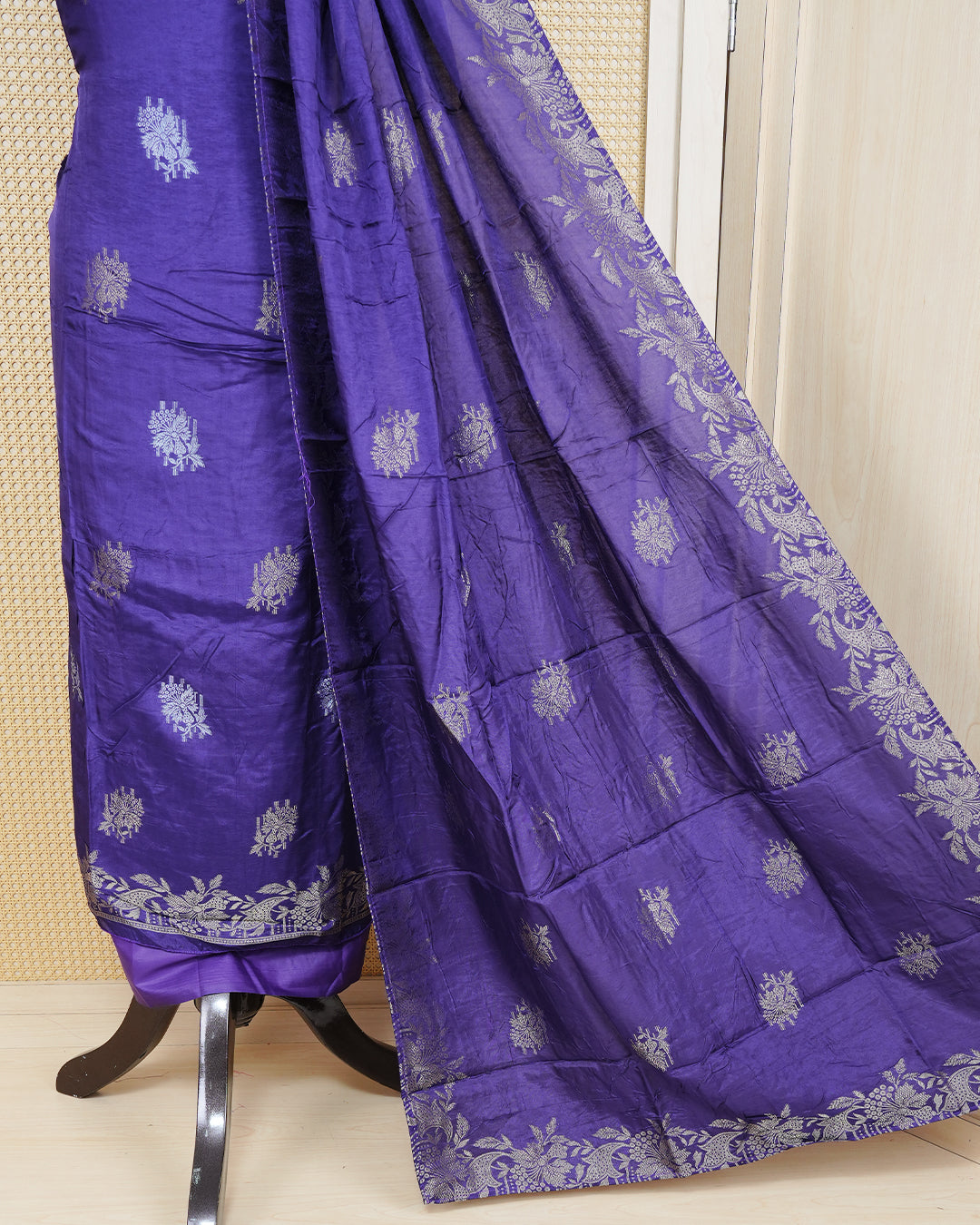 Voilet colour Banares Salwar material Featuring Gold and Silver zari floral motifs on body, paired with matching bottom & Elegant Dupatta