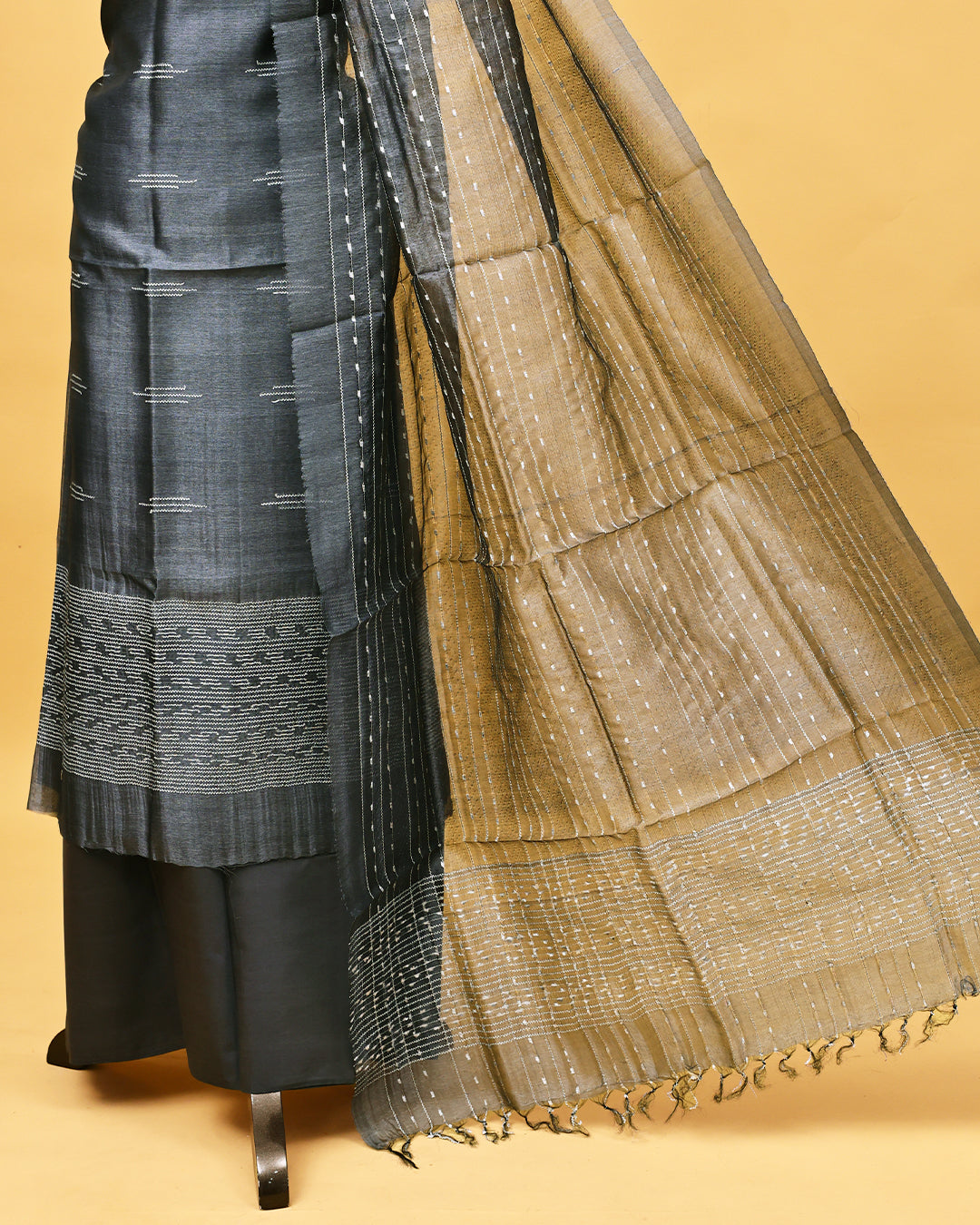 Steel colour Tissue Salwar material with thread work on body, matching bottom & Dupatta.