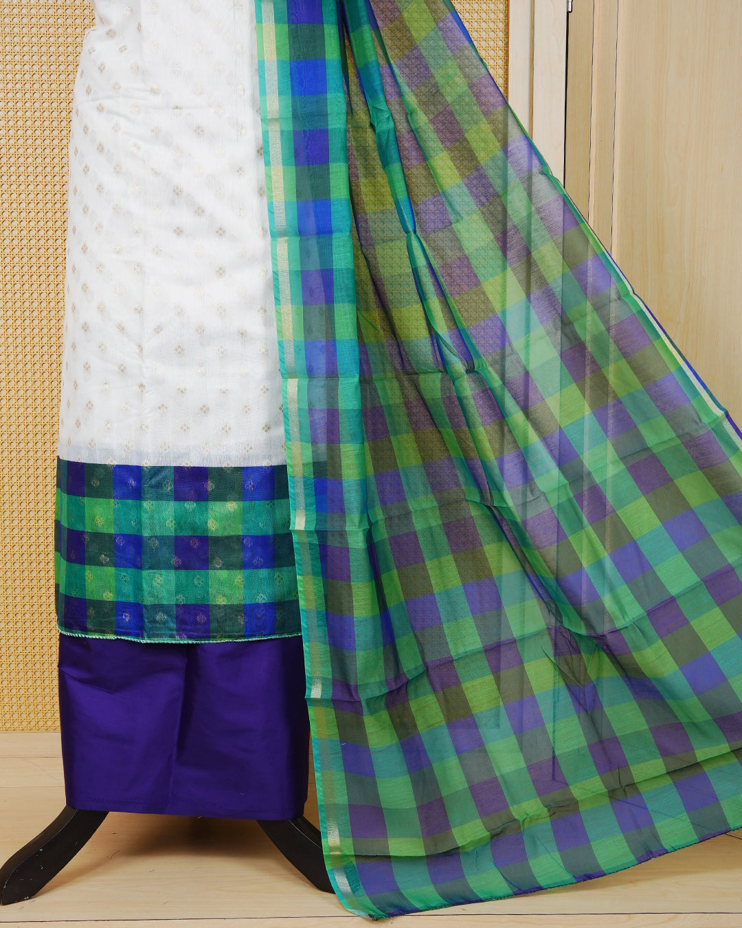 White & Navy blue Chanderi salwar material featuring Gold zari Small motifs on body and Check pattern body, paired with matching colour santoon bottom, elegant dupatta.