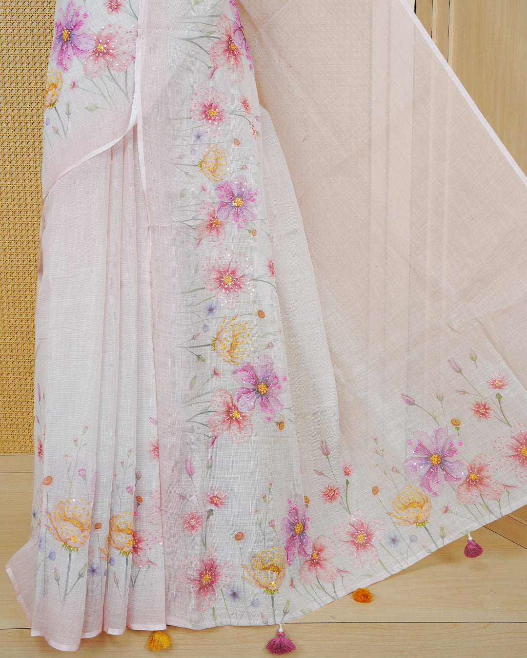 Peach colour linen tissue saree.