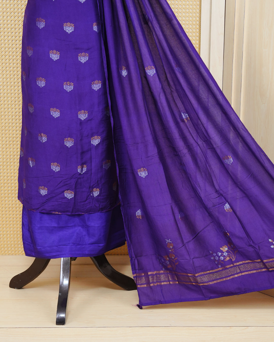 Deep purple colour Georgette Salwar material Featuring Gold & silvar zari floral motifs on body, paired with matching bottom & Elegant Dupatta