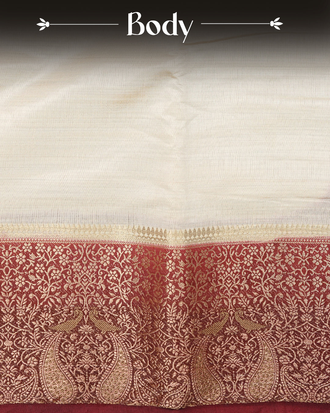 Light gold tussar saree featuring Elegant plain body, complemented by contrast Maroon colour with Gold zari Floral kodi with Peacock Pattern border, comes with matching blouse piece.