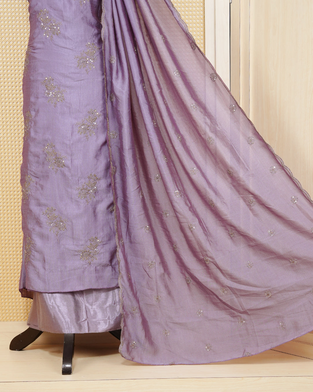 Dust Lavender Georgette Salwar Material Features an Elagent Floral Emproidary Pattern Aborned With Shimmering Metallic Gold Thread and Beadwork, paired with matching bottom & elegant Duptta