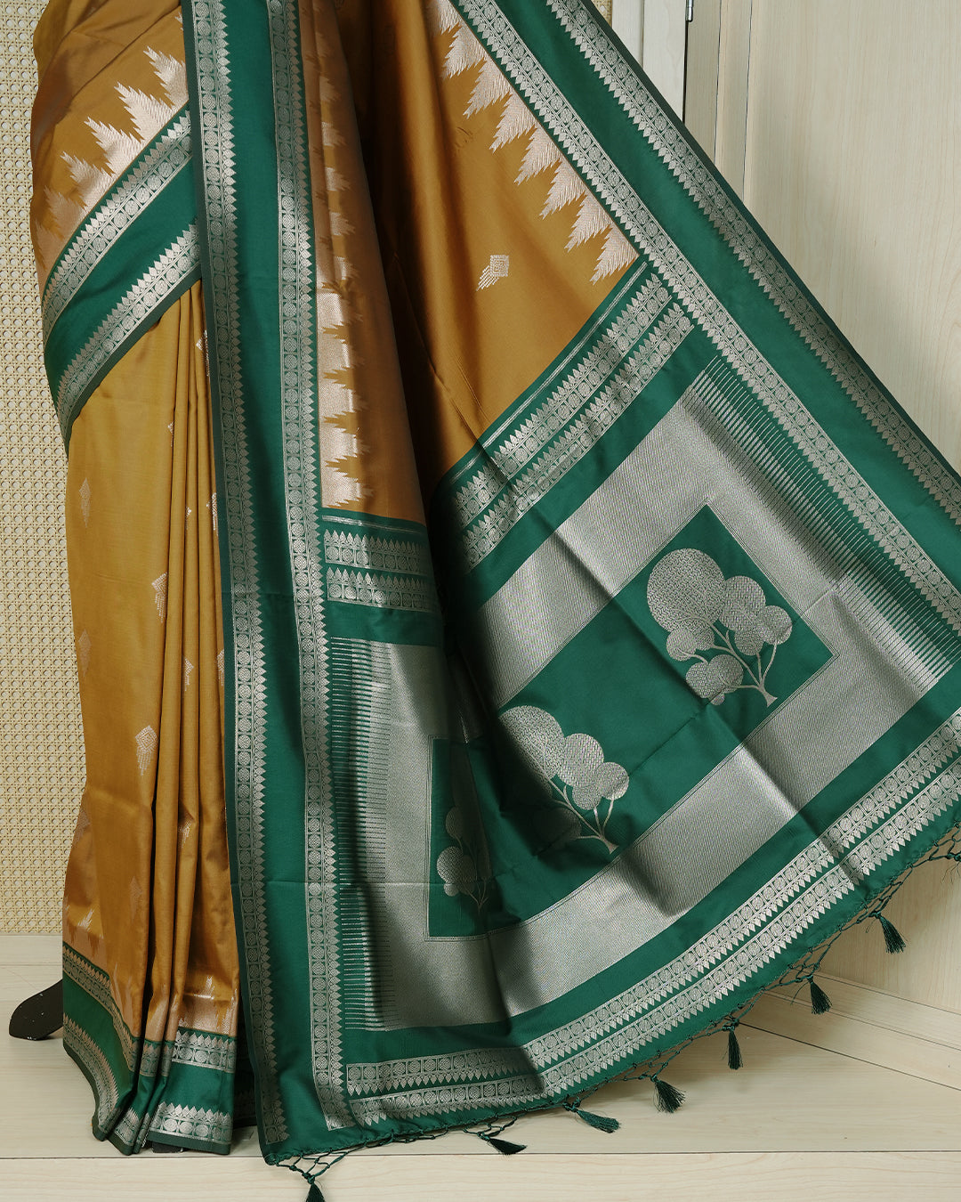 Mustard yellow colour soft silk saree
