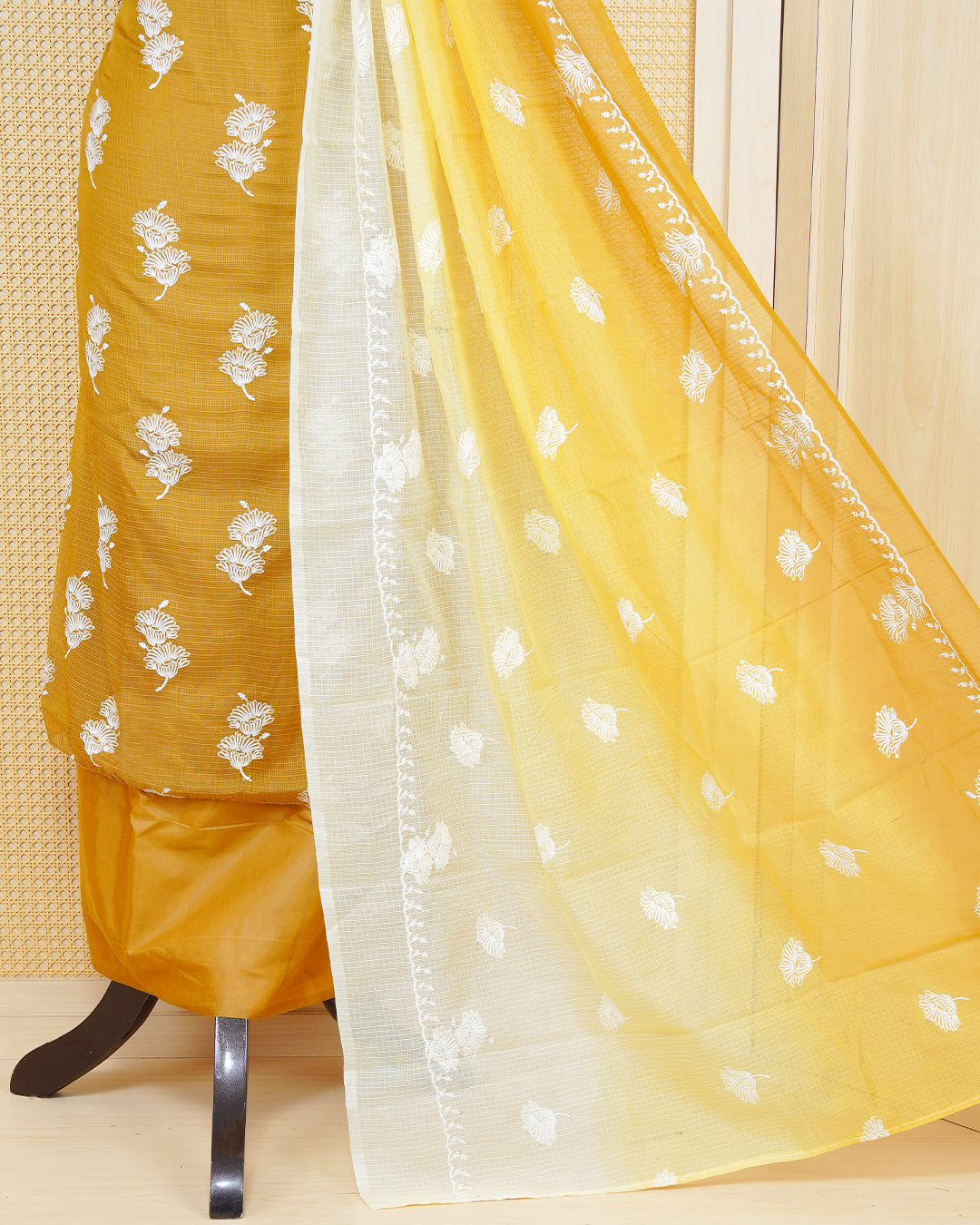 Goldenrod Colour Net Kotta Salwar material Featuring White Thread Work On Body, Paired With Matching Bottom & Elegant Dupatta
