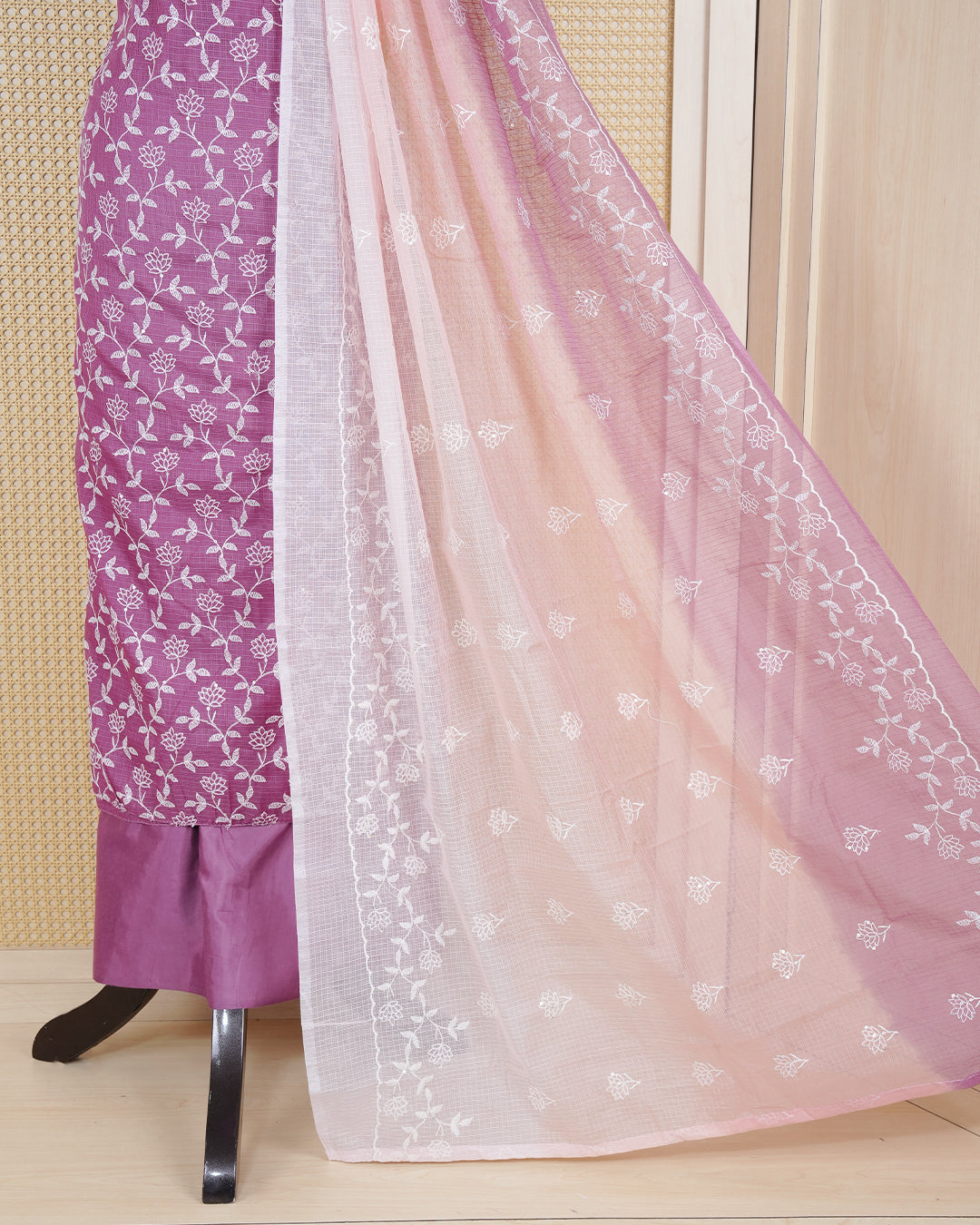 Dark Lavender Colour Net Kota Material Featuring Floral Kota Thread Pattern on Body, Paired with Matching Bottom & Elegant Dupatta