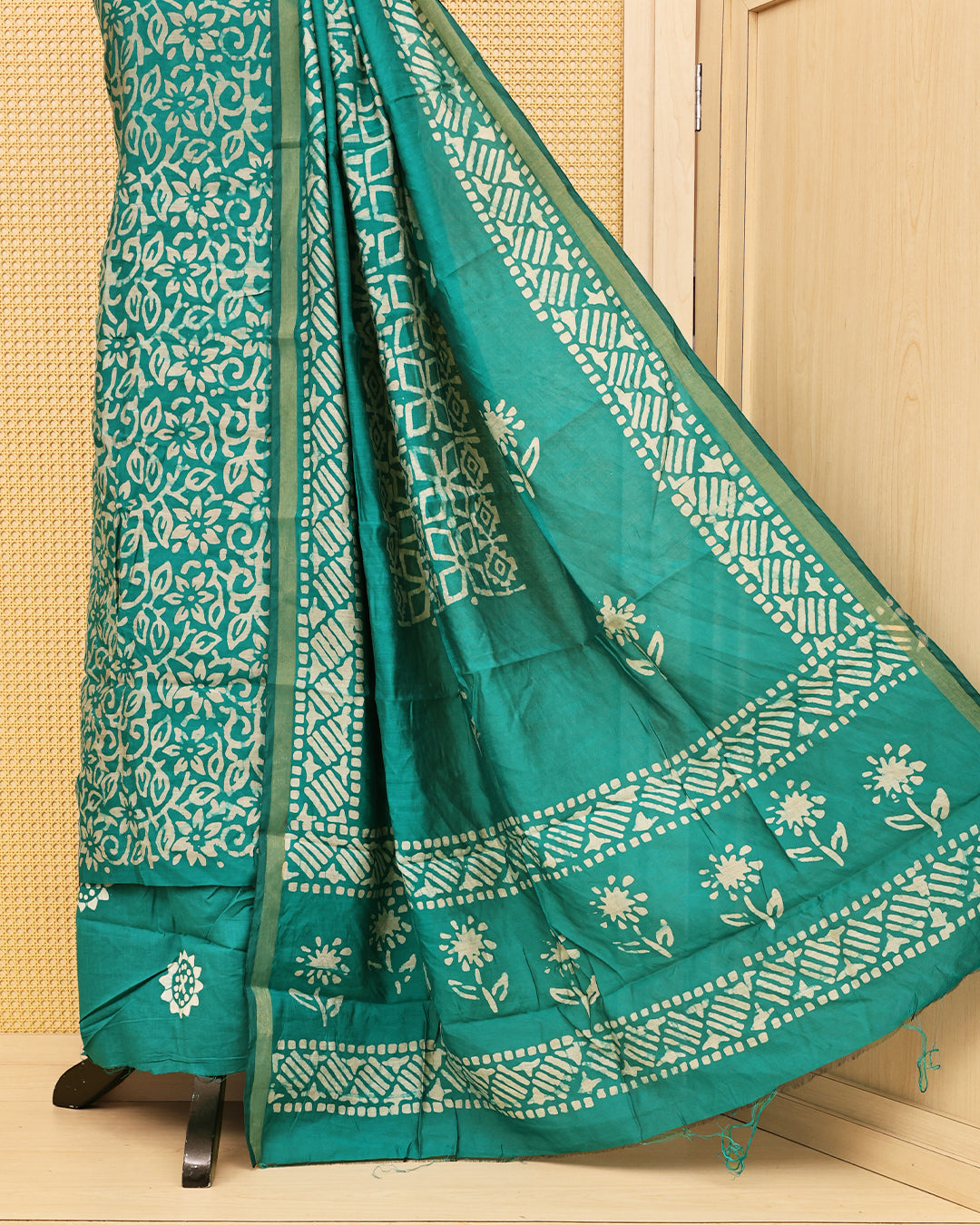 Teal Colour chanderi salwar material with printed Kurta An a matching dupatta, perfect for everyday elegance.