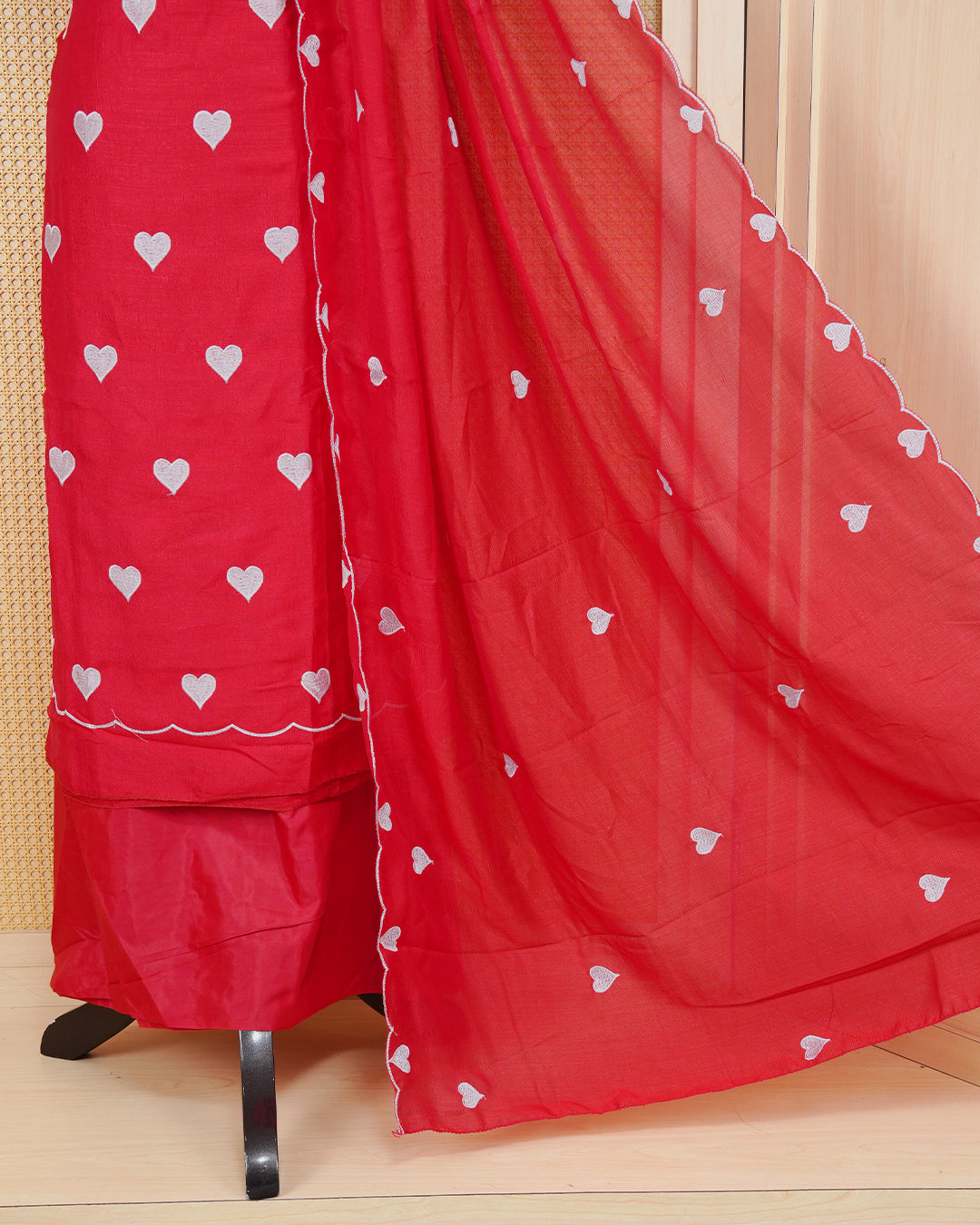 Red Colour Georgette Salwar Material Featuring White Heart Shape Thread Work on body, Paired With Matching Bottom & Elegant Dupatta