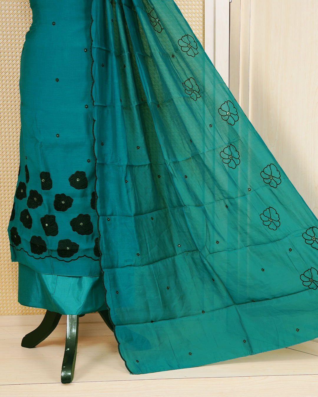 Pine Green colour Salwar Material Featuring Thread Work on body, paired with matching Bottom & Elegant Dupatta.