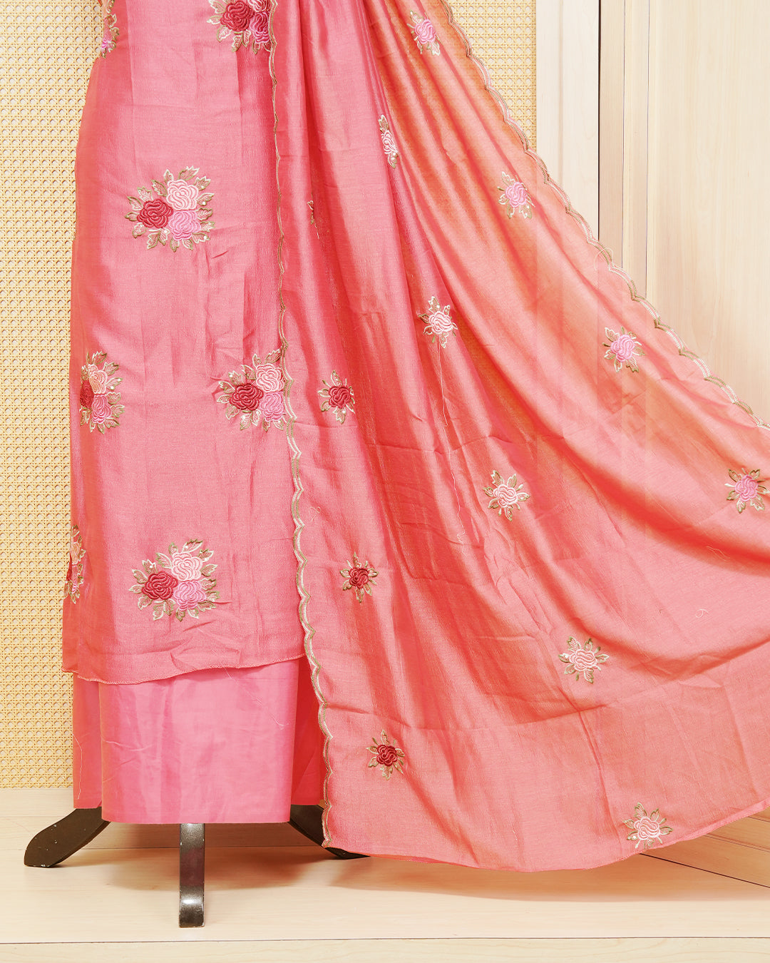 Pink Colour Georgette Salwar Material Featuring Thread Work on body, Paired With Matching Bottom & Elegant Dupatta