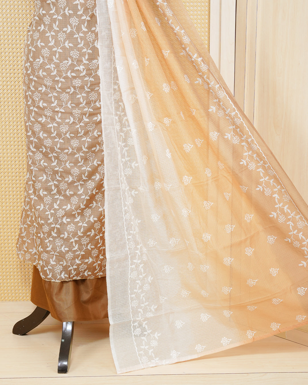 Biscuit Colour Net Kotta Salwar Material Featuring White Thread Work On Body, Paired With Matching Bottom & Elegant Dupatta