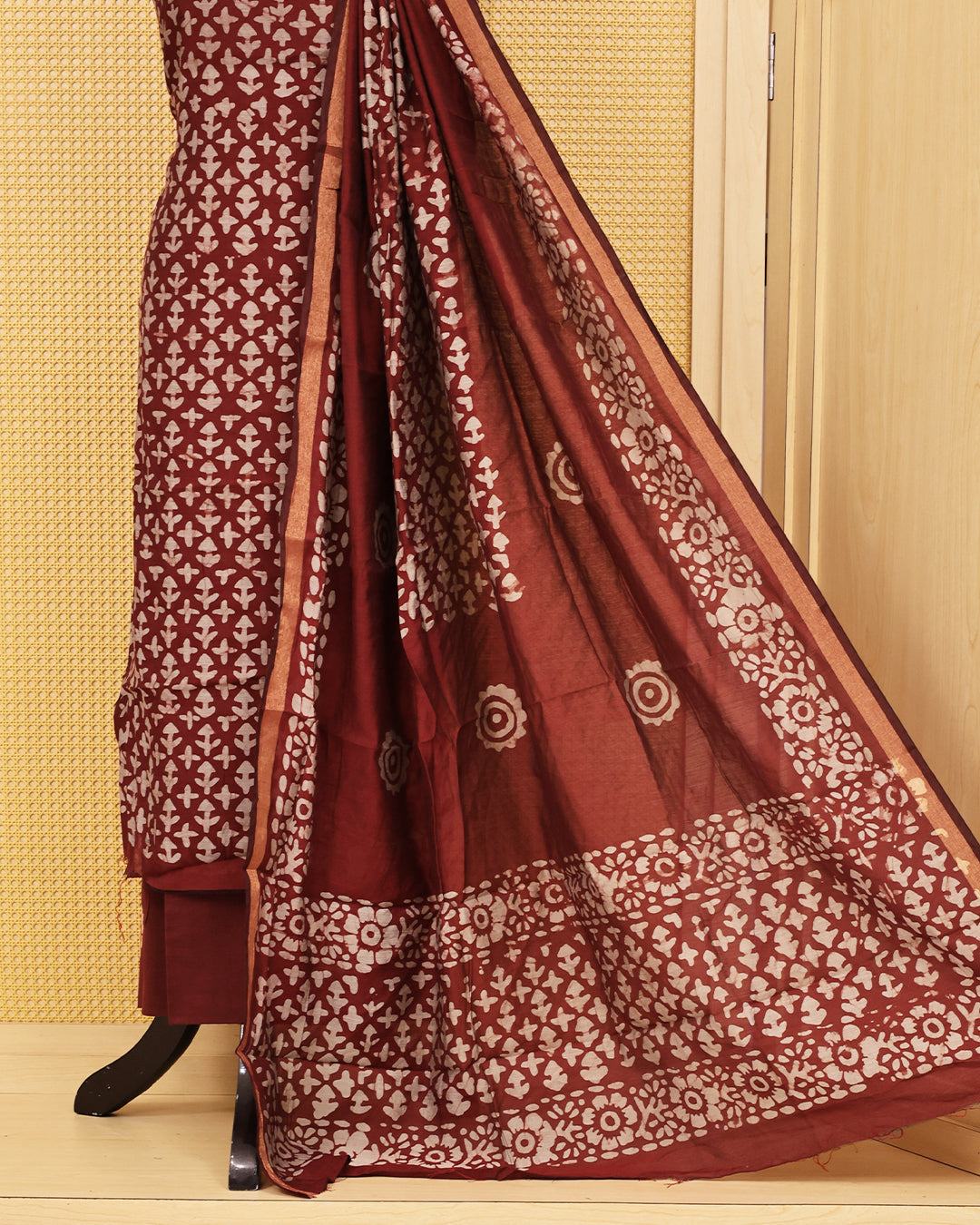 maroon colour chanderi salwar material featuring a printed Kurta with a matching dupatta for a timeless ethnic look.