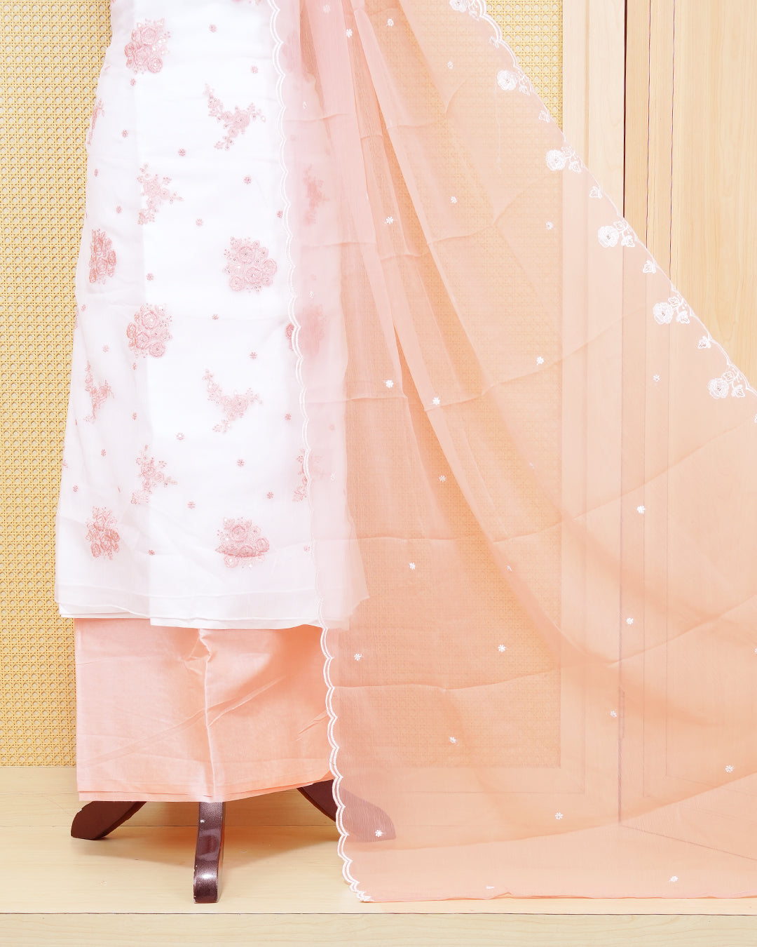 White Colour Organza Salwar Material Featuring Mirror and Peach Thread Work on body, Paired With Matching Bottom & Elegant Dupatta