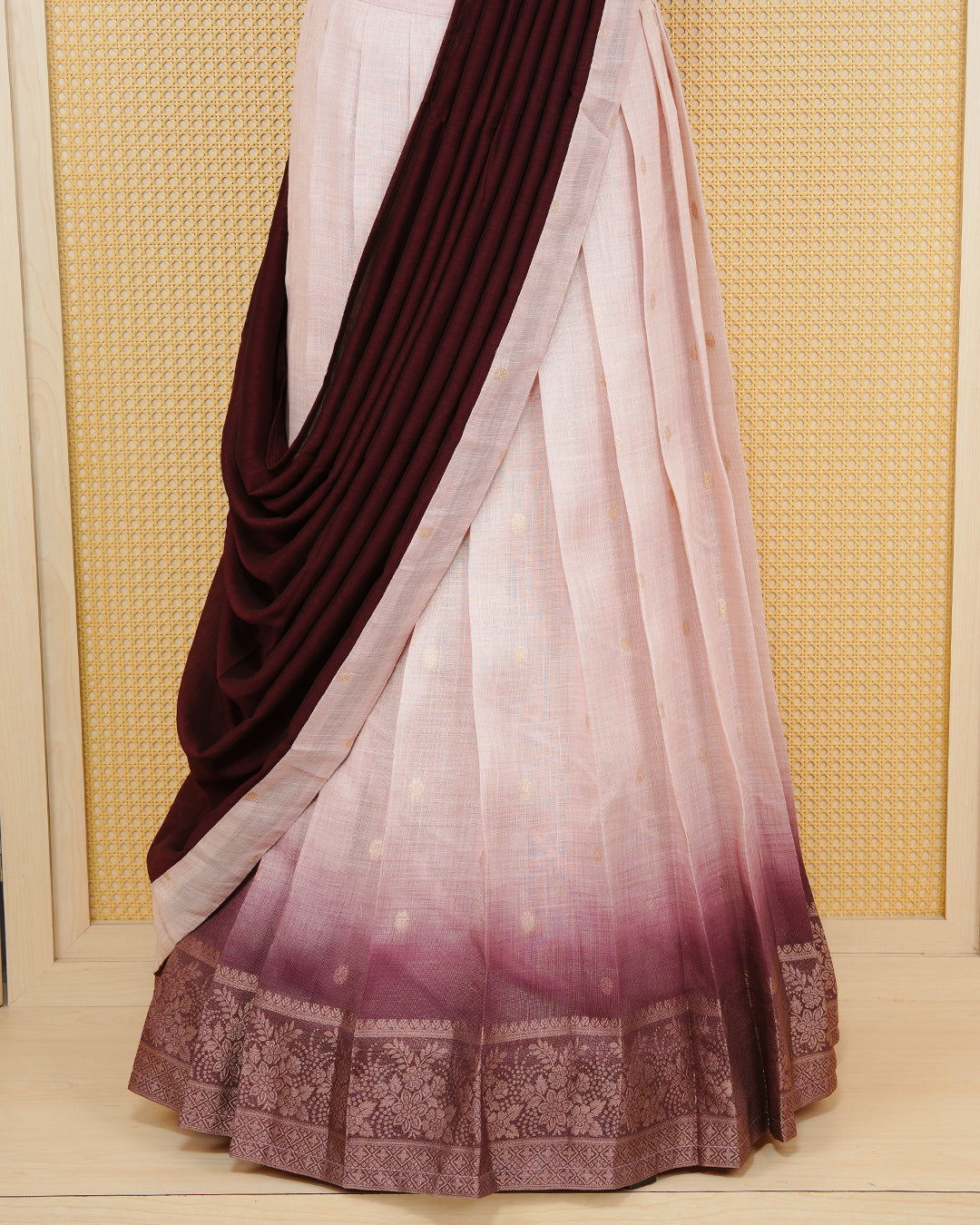 Cream ombre & burgundy colour Linen Silk Semi stitched dhavani set featuring buttas, zari bordered skirt & blouse piece and dupatta.