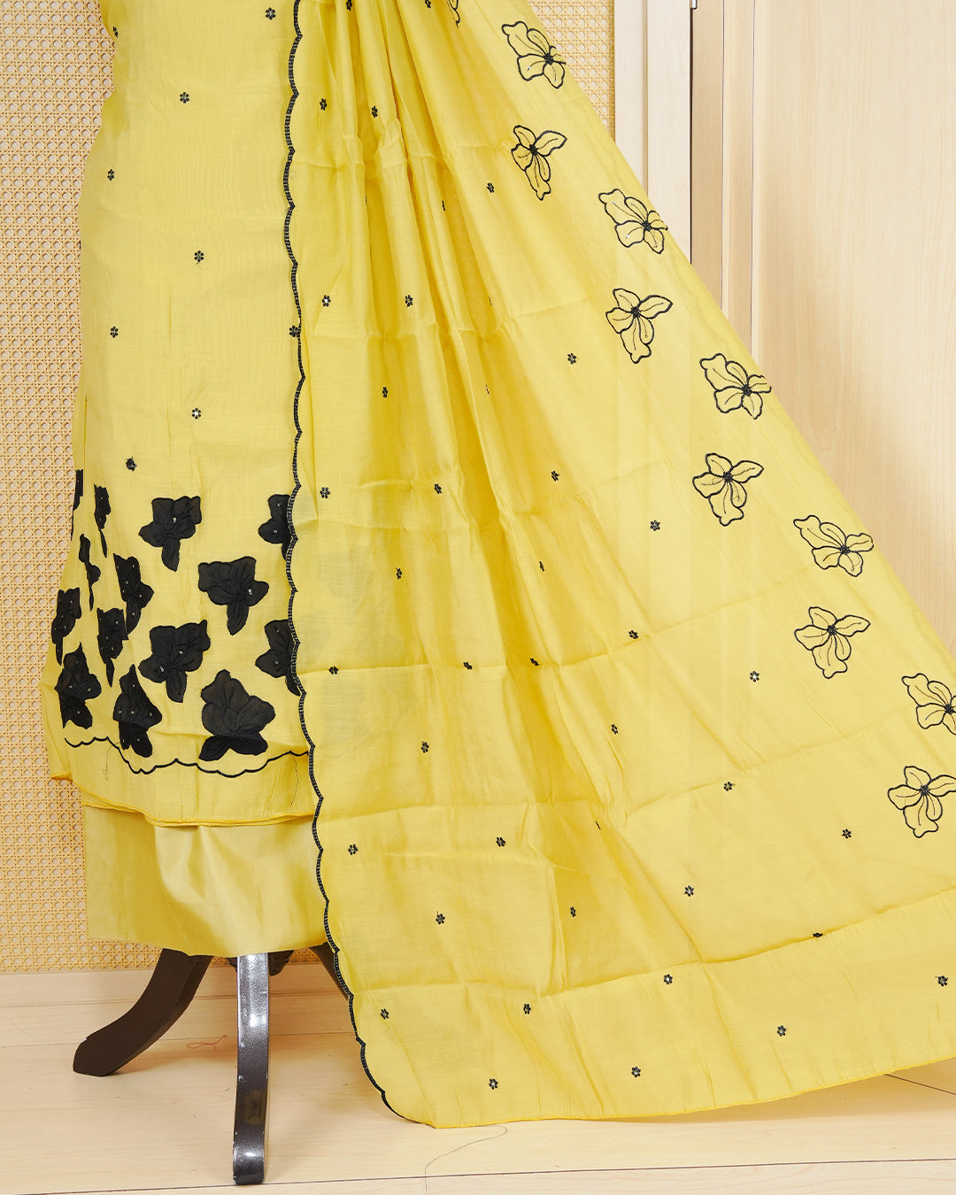 Yellow colour Salwar Material Featuring Thread Work on body, paired with matching Bottom & Elegant Dupatta.