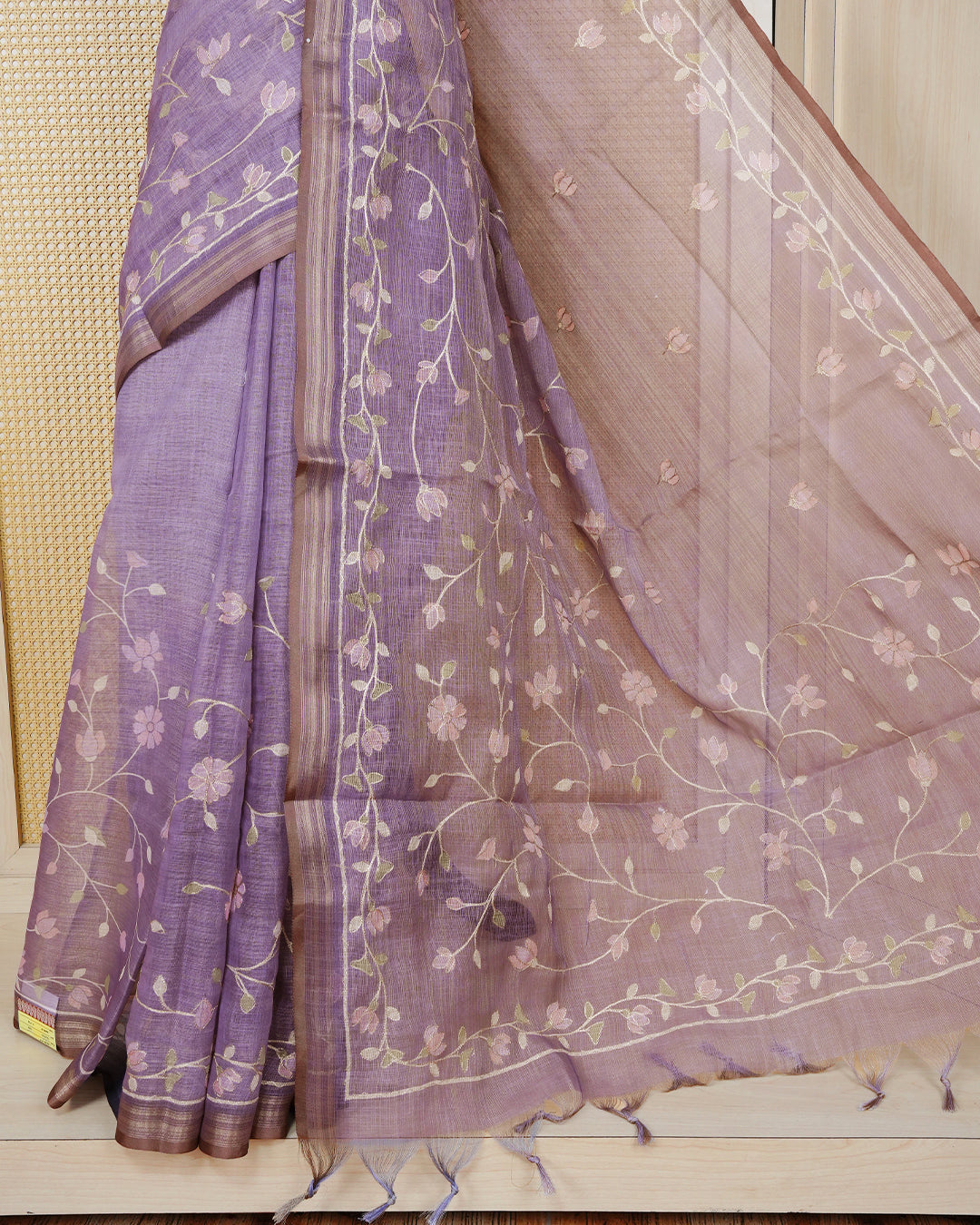 Pastel Lavender colour linen tissue BKU inspired saree.