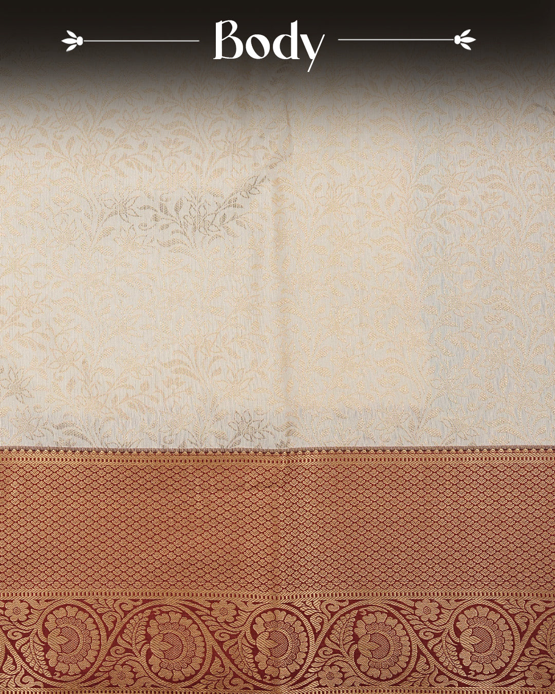 Cream colour semi wedding saree featuring gold zari Floral kodi Pattern on body, contrast Maroon colour with traditional border, paired with matching blouse piece.