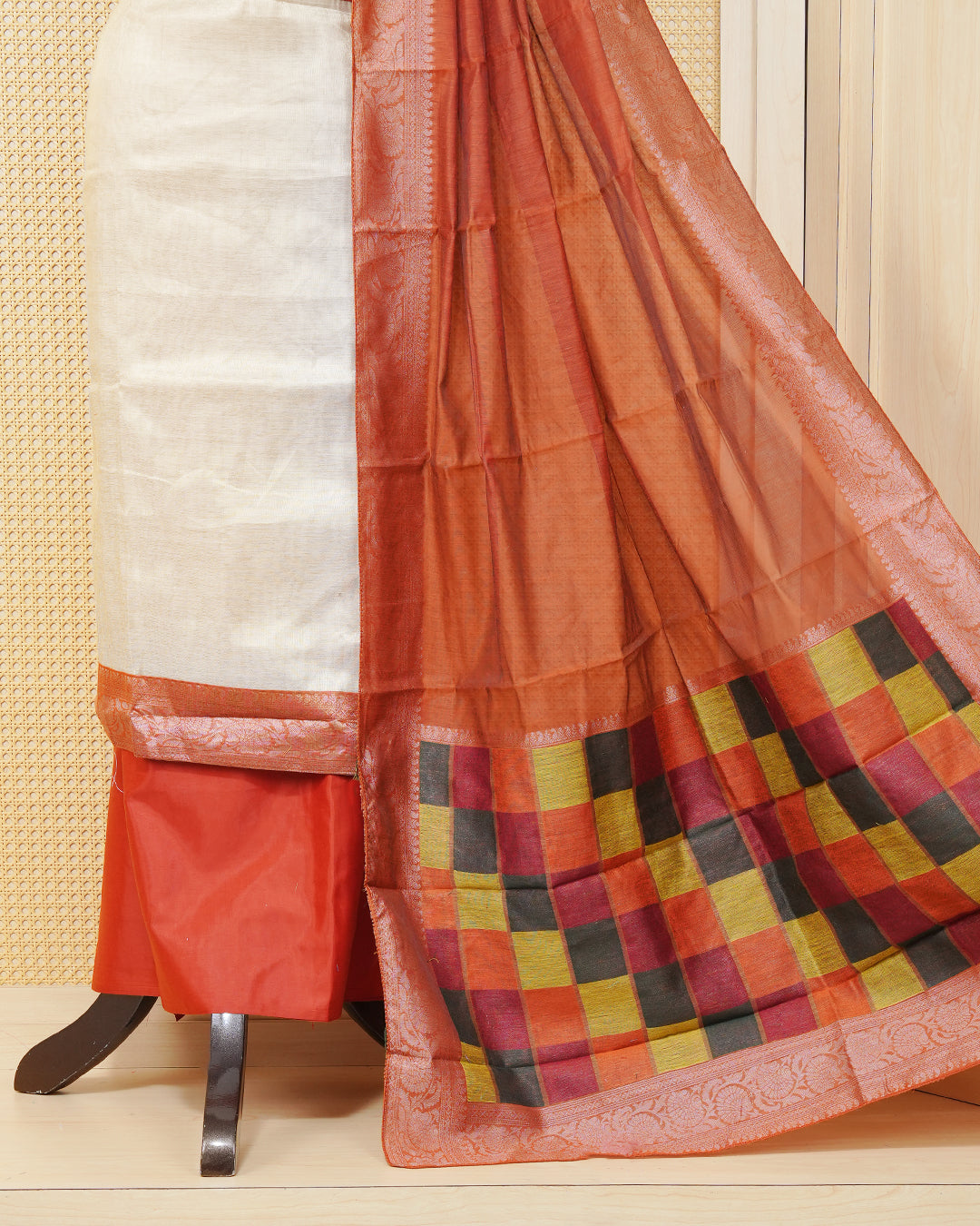 Cream colour Tissue Salwar Material Featuring Plain Body, multi colour check pattern on chest portion, Paired With a Matching Bottom and an Elegant Dupatta.