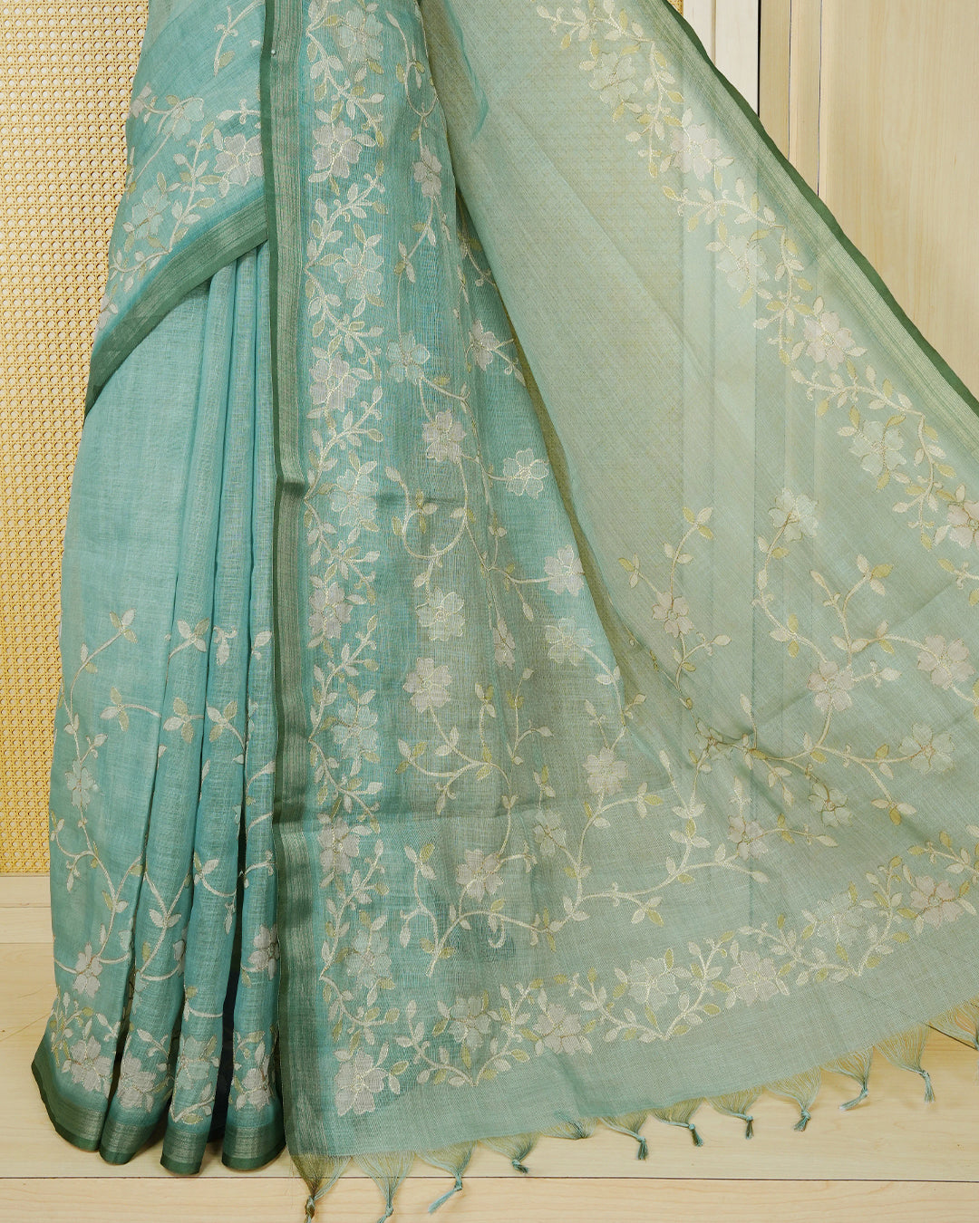 Pastel Teal Green colour linen Tissue BKU inspired Saree.