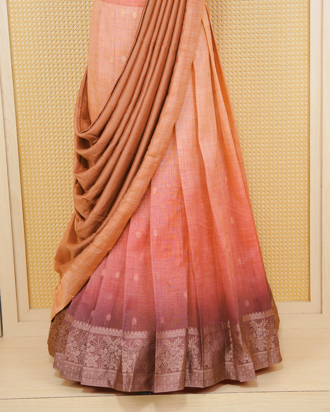 Burnt orange & maroon colour Linen Silk Semi stitched dhavani set featuring buttas, zari bordered skirt & blouse piece and dupatta.