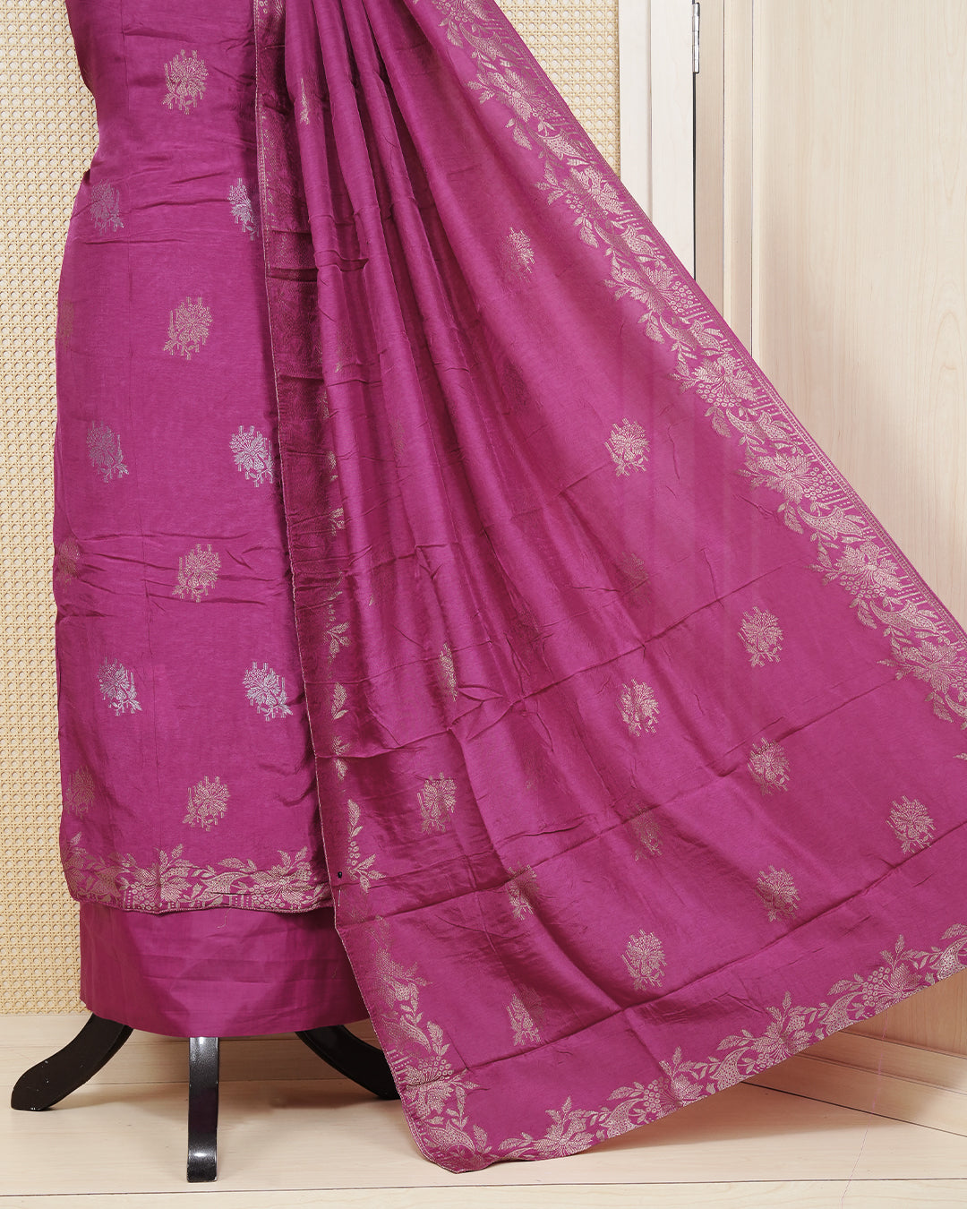 Magenta Pink Silk Salwar Matirial Features an Elegant Floral Embroidary Pattern Aborned With Simmering Metalic Thread Work, Paired with matching bottom & elegant Dupatta