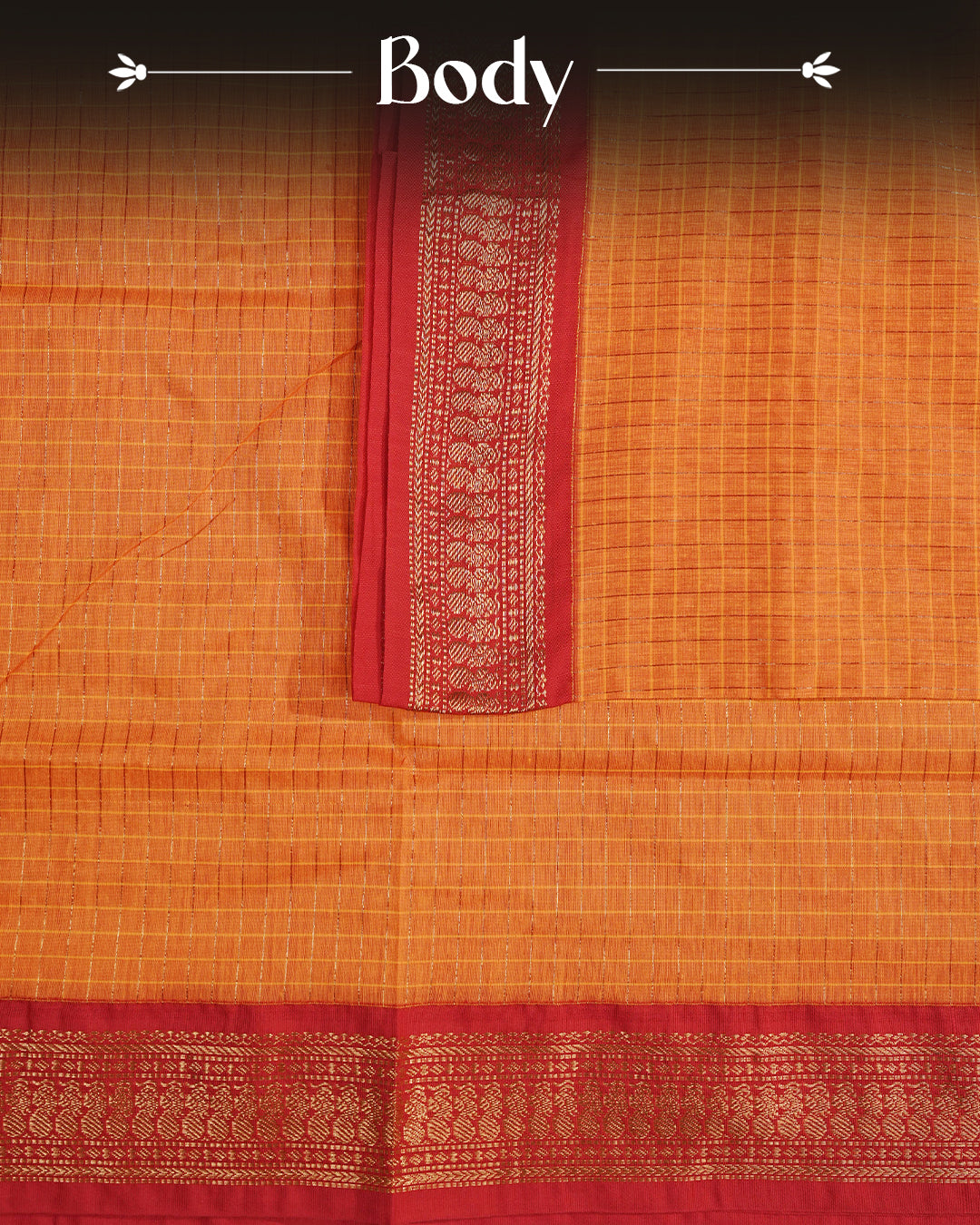 Orange colour kalyani cotton saree featuring gold zari check pattern on body, complemented by Red colour with Antique zari border, paired with matching blouse piece