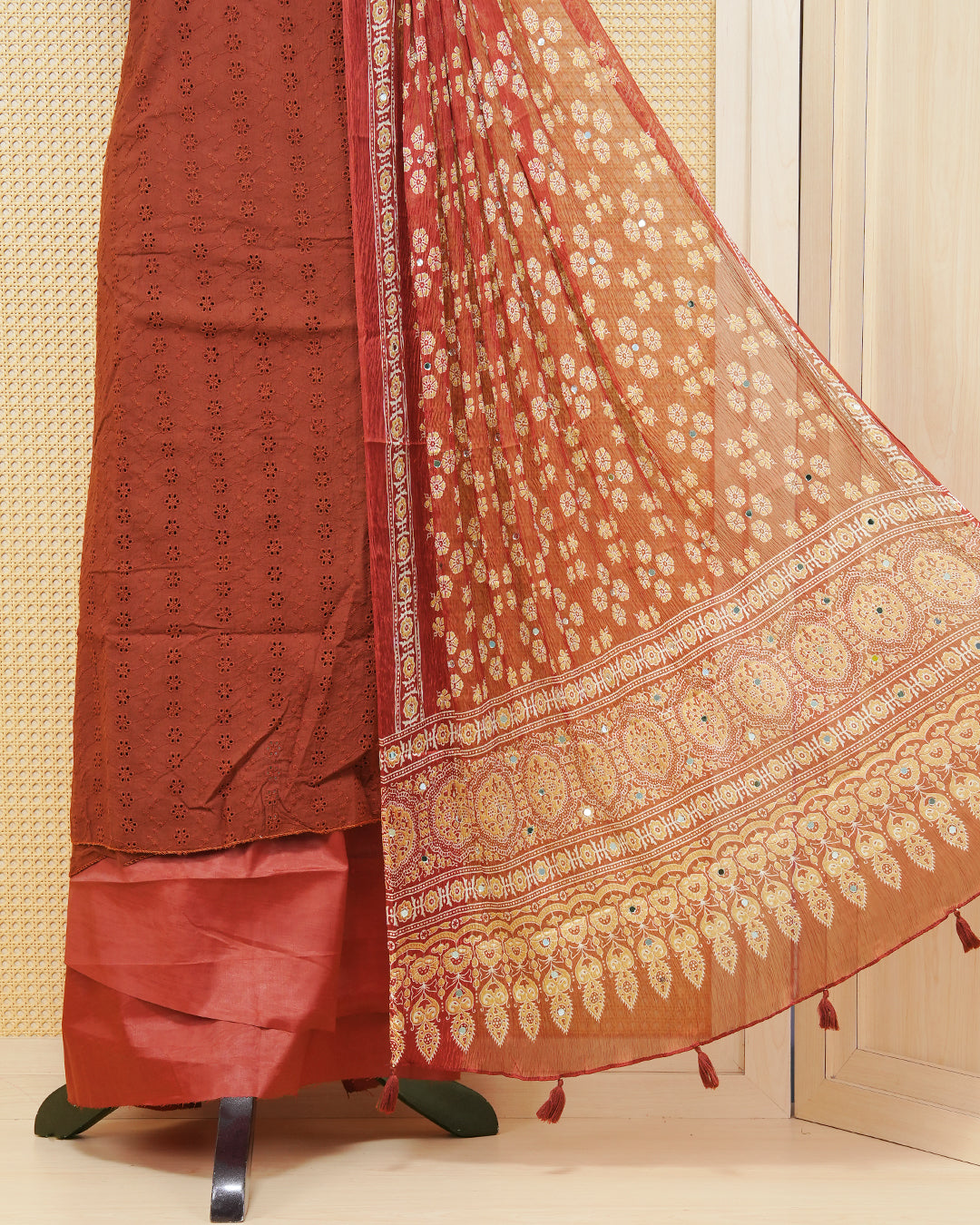 Brown Colour Crush Organza Salwar Material Featuring Tread Work on body, Paired With Matching Bottom & Elegant Dupatta