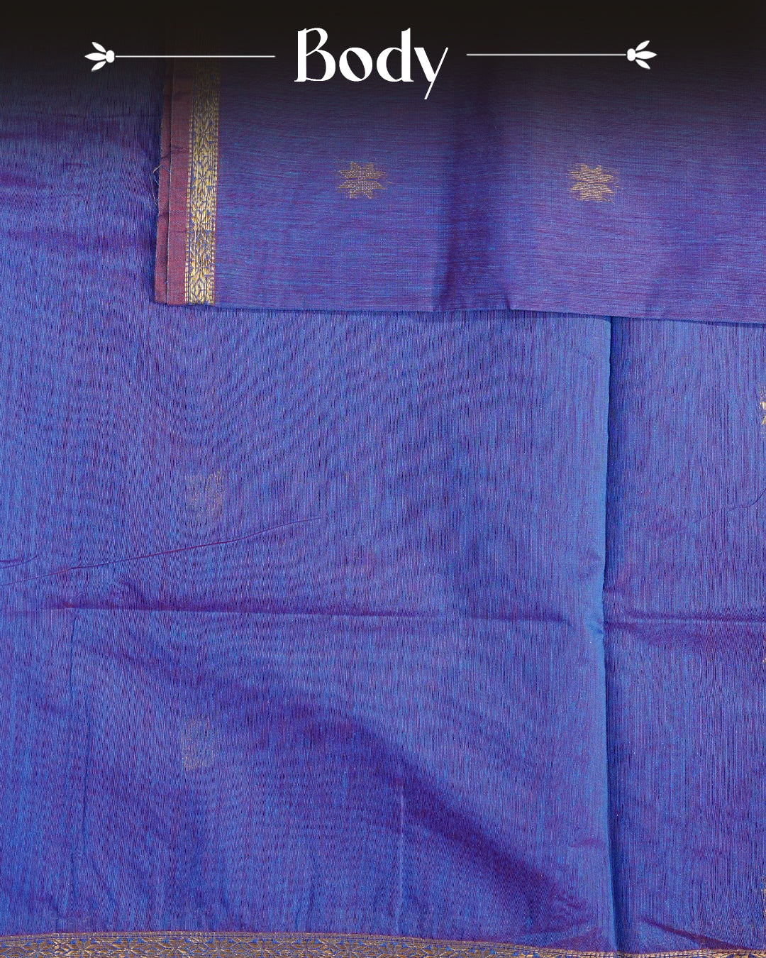Blue & Red Dual colour kalyani cotton saree featuring gold zari Floral pattern on body, complemented by Red colour with Stripes & Floral Gold zari border, paired with matching blouse piece