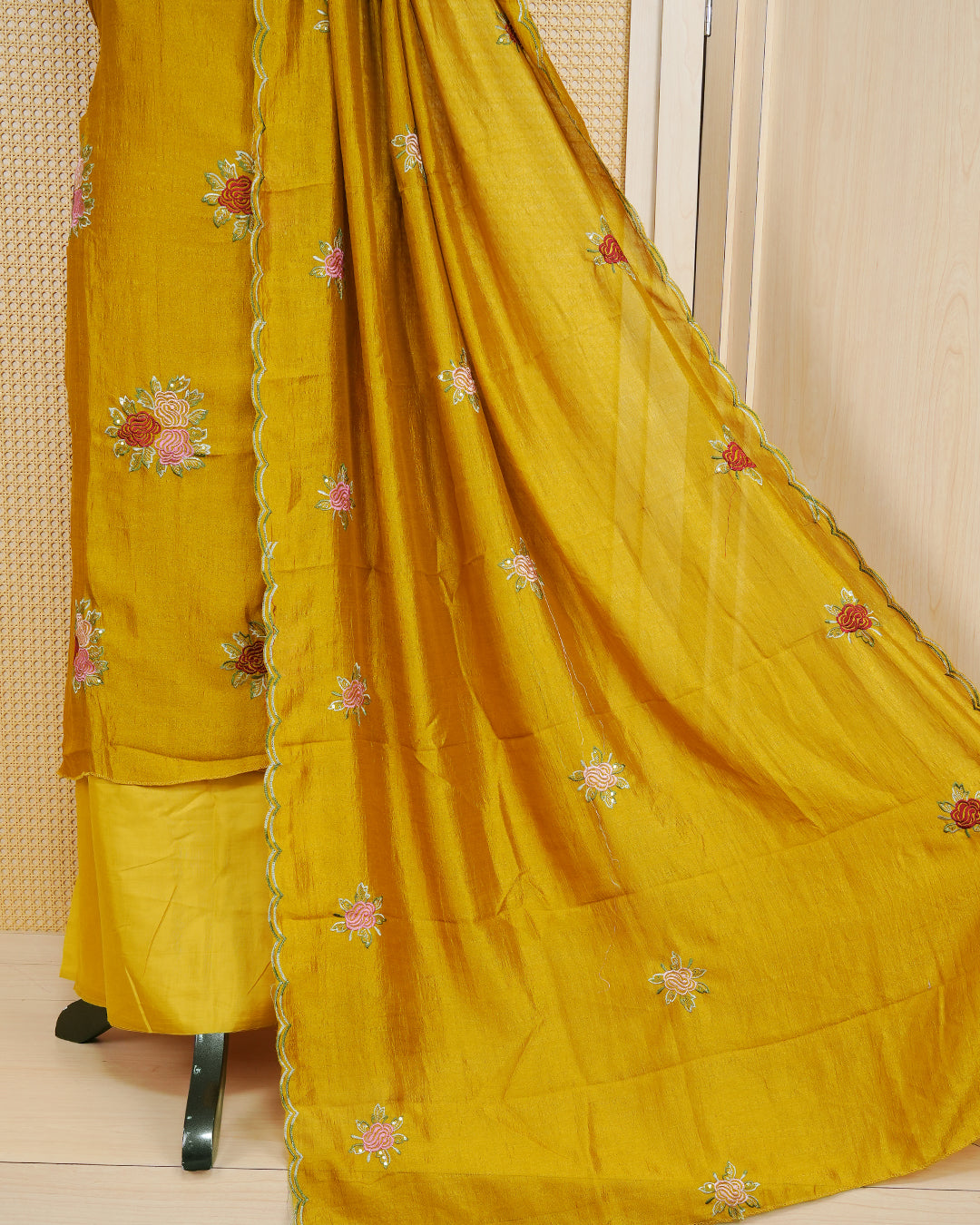 Yellow Amber Colour Orgeza Salwar Material Featuring Thread Work on body, Paired With Matching Bottom & Elegant Dupatta