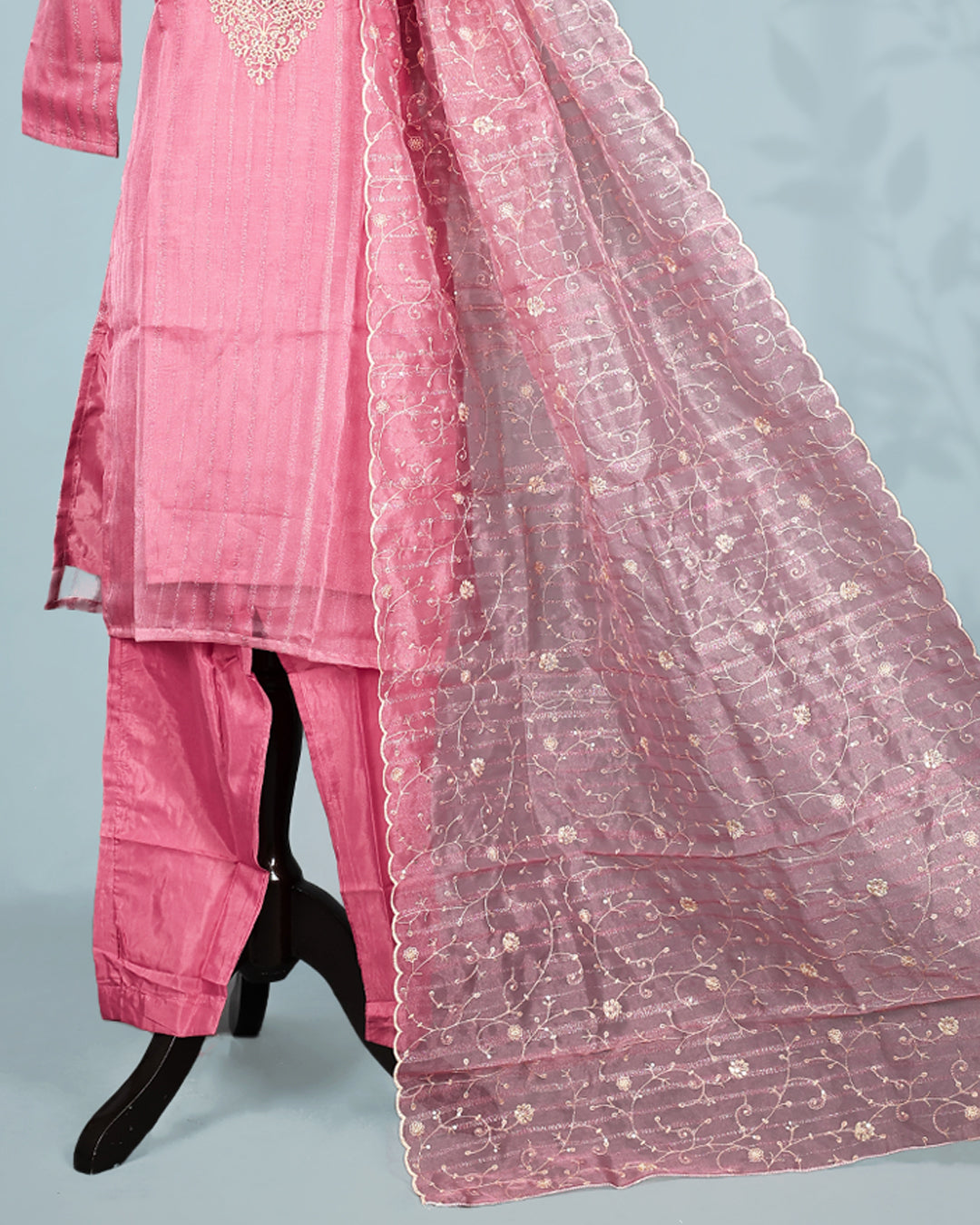 Pink colour salwar set with Sequins & thread work on top, paired with matching bottom & Dupatta.