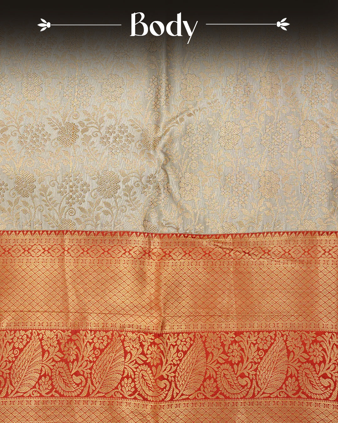 Cream colour semi wedding saree featuring gold zari Floral kodi Pattern on body, contrast Dark Crimson red colour with traditional border, paired with matching blouse piece.