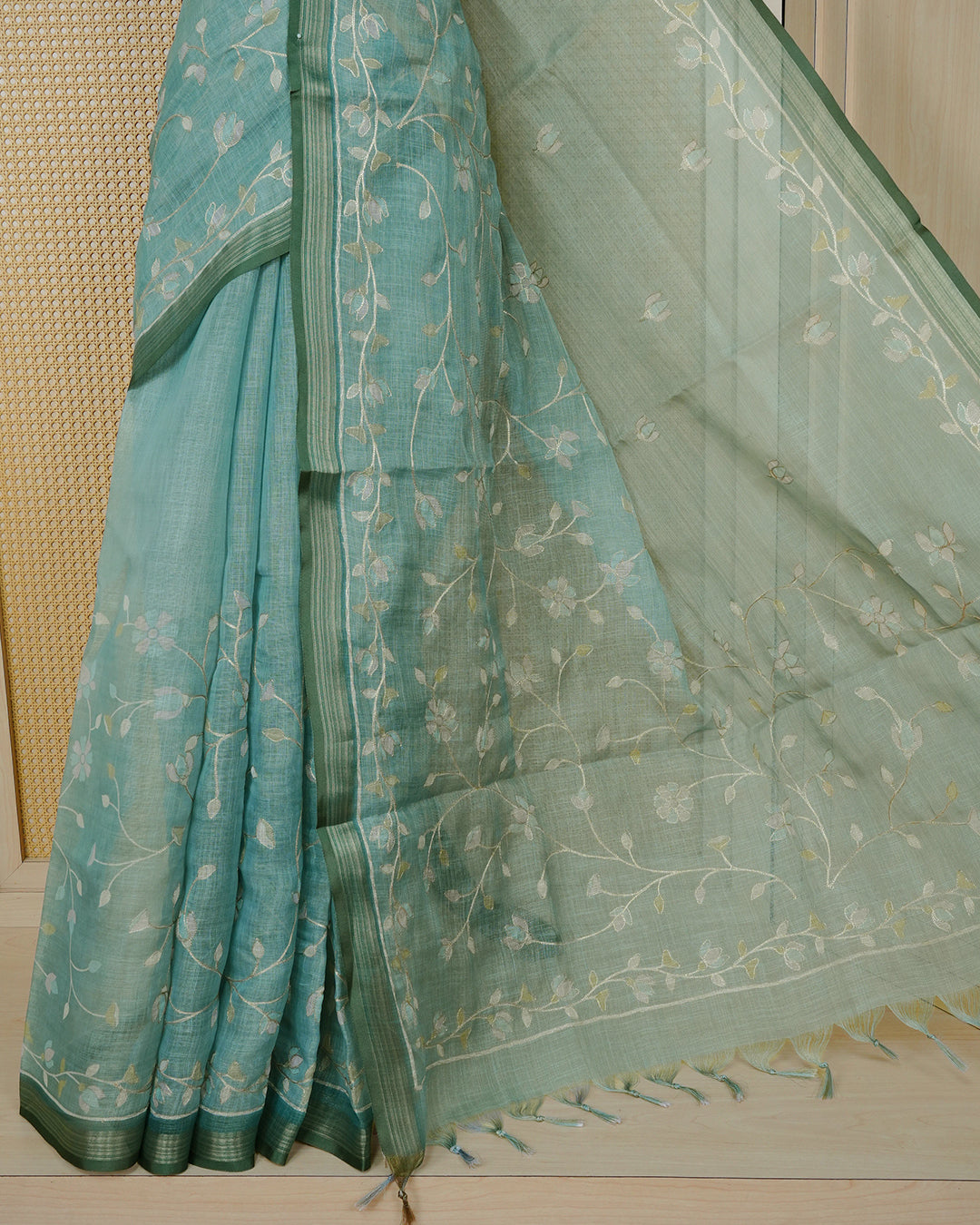 Pastel teal colour linen tissue BKU inspired saree.