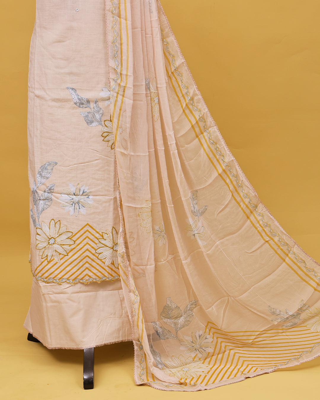 Light Yellow colour Linen Salwar material with Thread With print work on body, matching bottom & Dupatta.