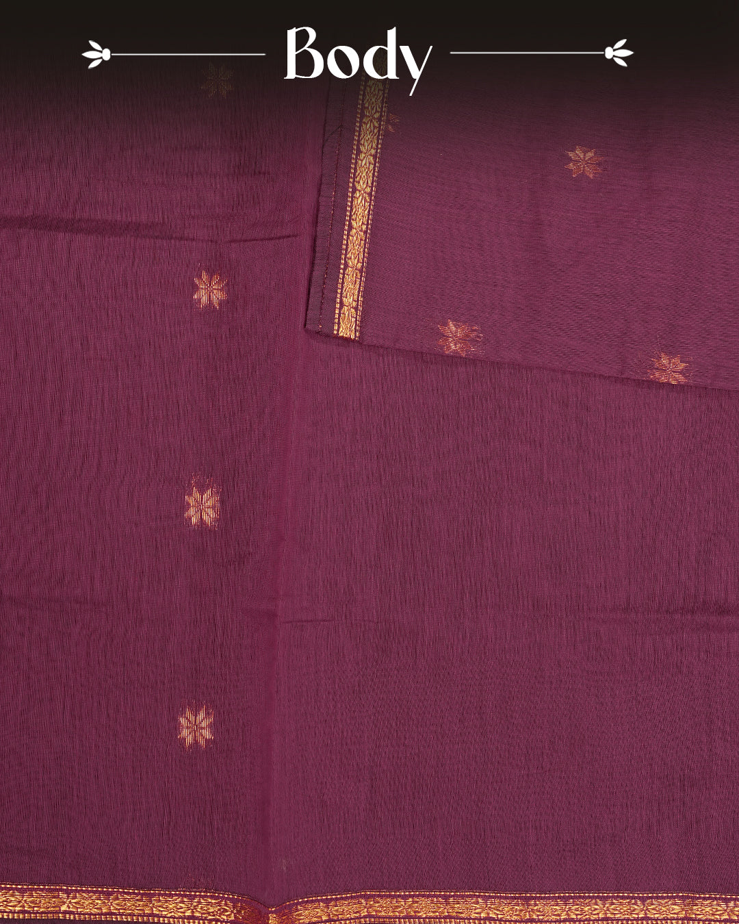 Magenta colour kalyani cotton saree featuring gold zari Floral pattern on body, complemented by Black colour with Stripes & Floral Gold zari border, paired with matching blouse piece