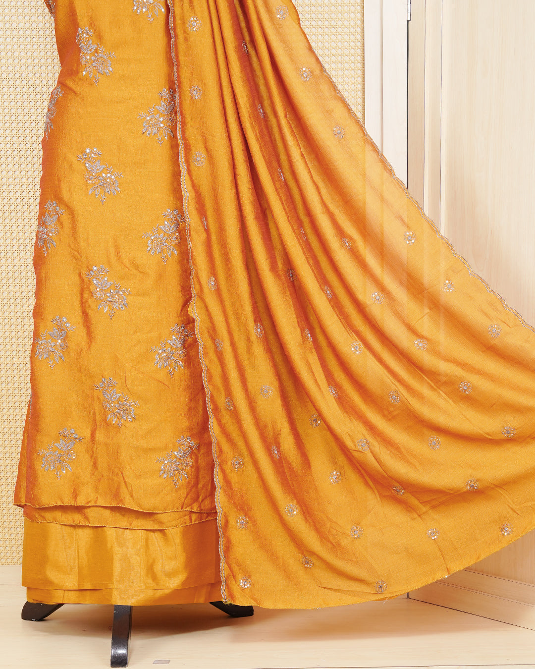 Mustard Colour Georgette Salwar material Featuring Intricate Gold Thread Work Patterns, paired with a matching bottom & elegant Duptta