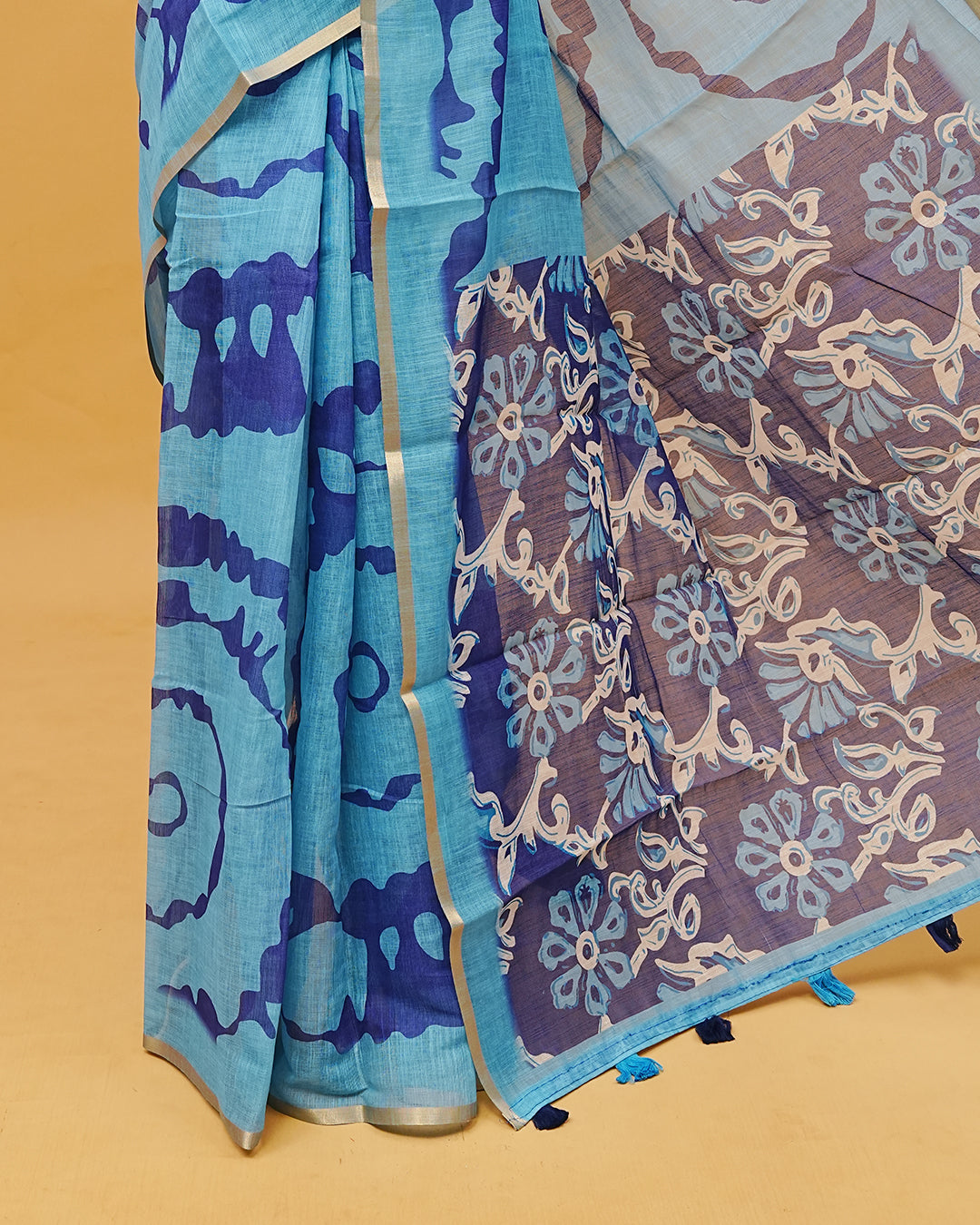 Light blue Colour Semi Linen Saree featuring contrast Digital prints, paired with matching printed blouse piece.